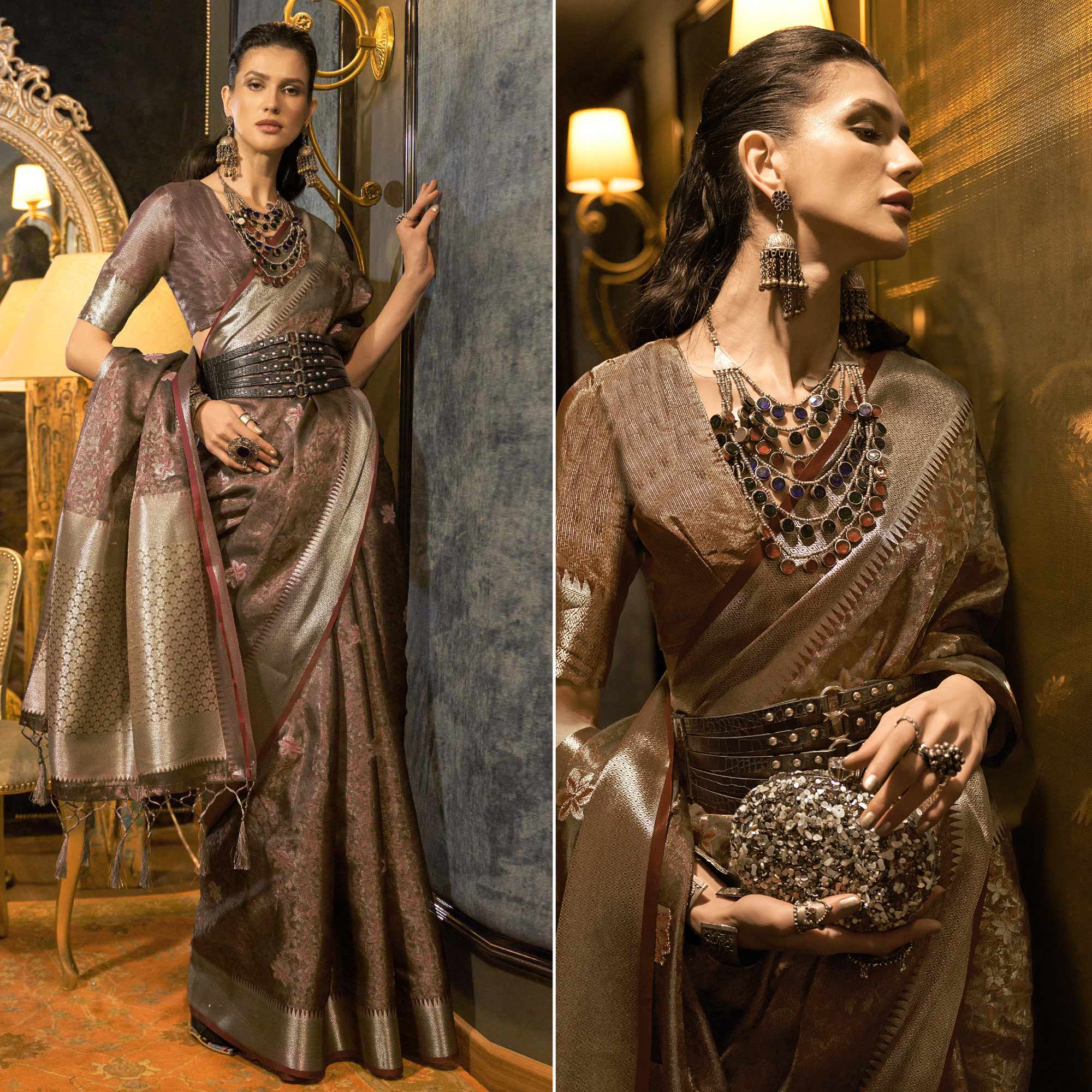 Coffee Brown Woven Organza Saree With Tassels