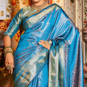 Blue Floral Woven Kanjivaram Silk Saree
