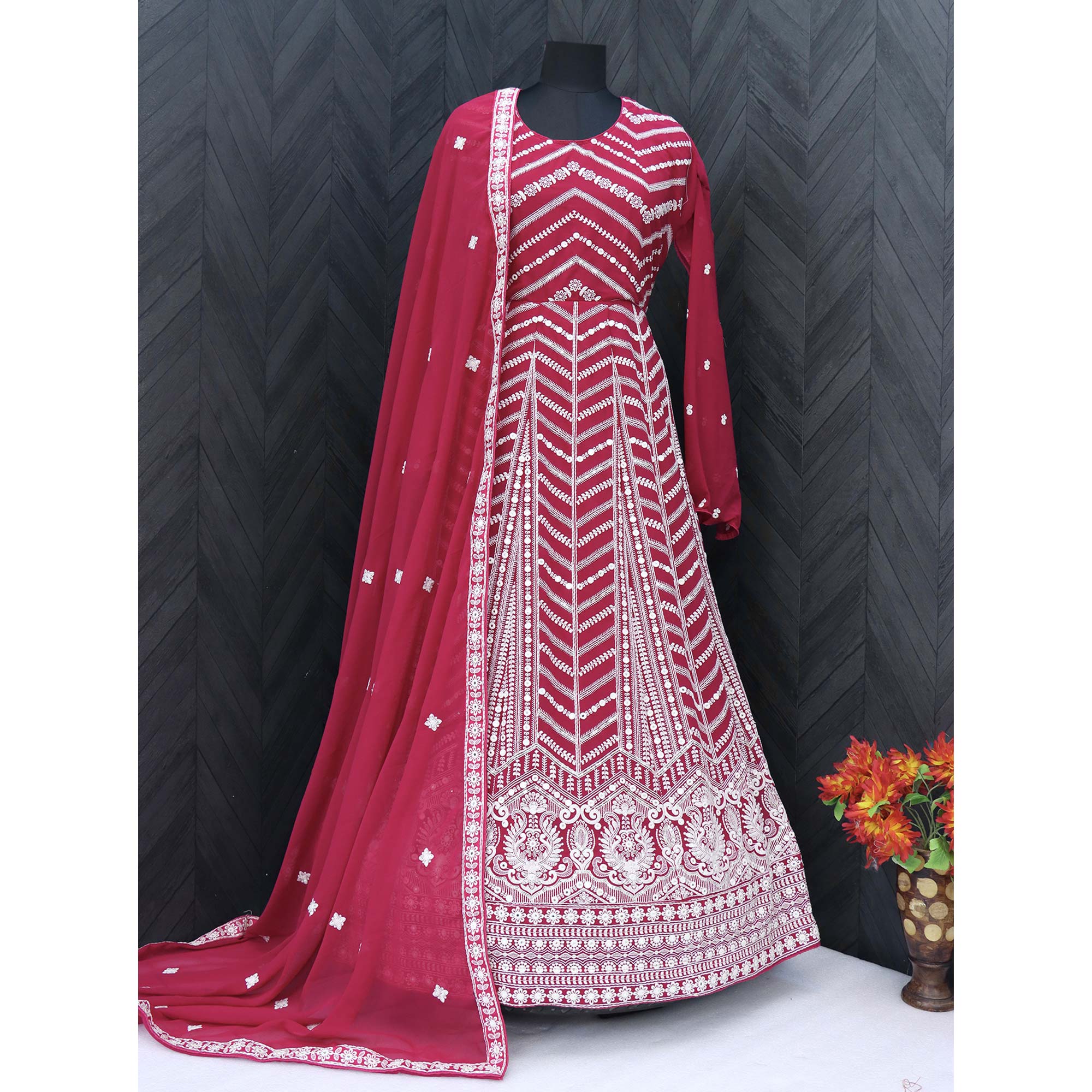 Maroon Sequins Embroidered Georgette Semi Stitched Anarkali Suit