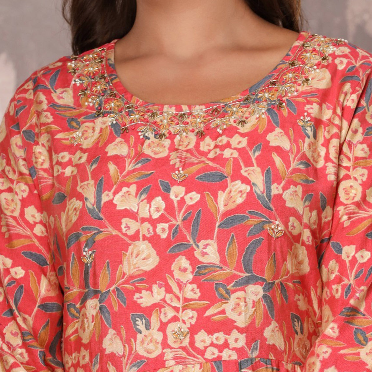 Pink Floral Printed With Gota Patti Work Muslin Anarkali Suit