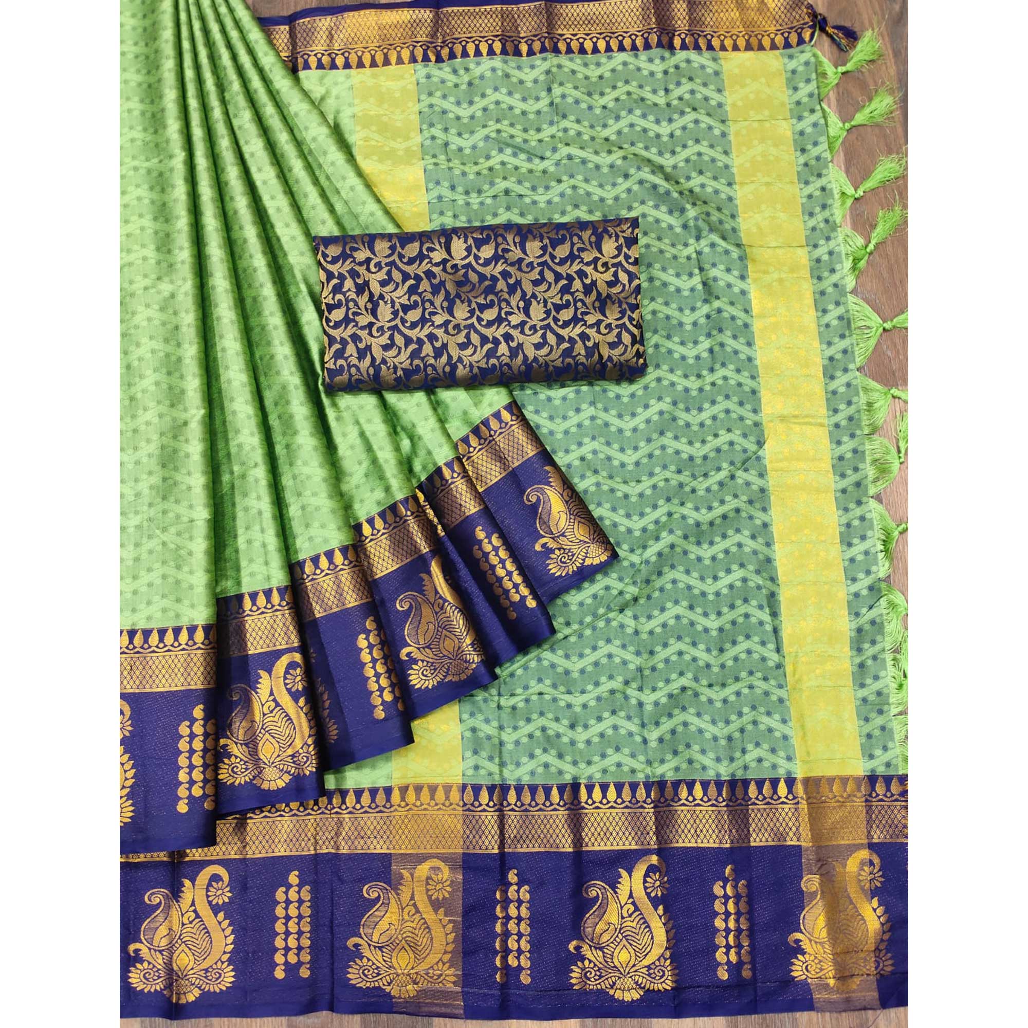 Pista Green Woven Cotton Silk Saree With Tassels