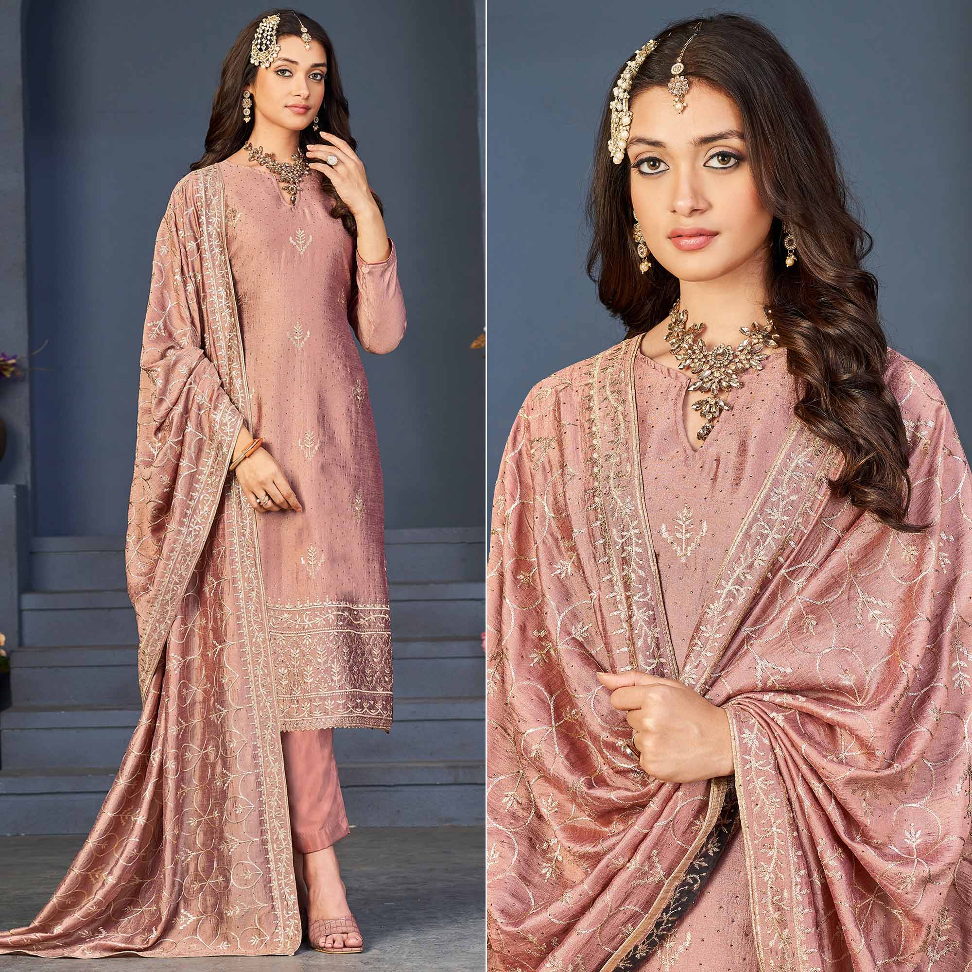 Peach Sequins Embroidered Dola Silk Suit