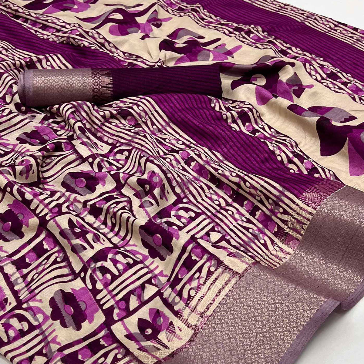 Purple Printed With Woven Border Dola Silk Saree