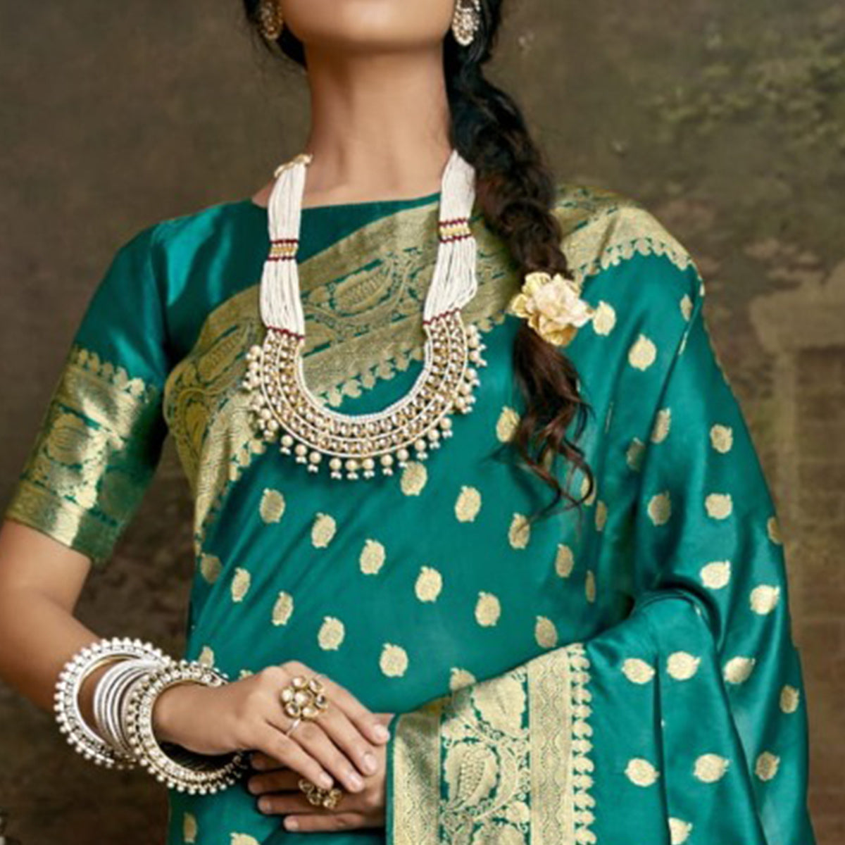 Rama Green Woven Banarasi Silk Saree With Tassels