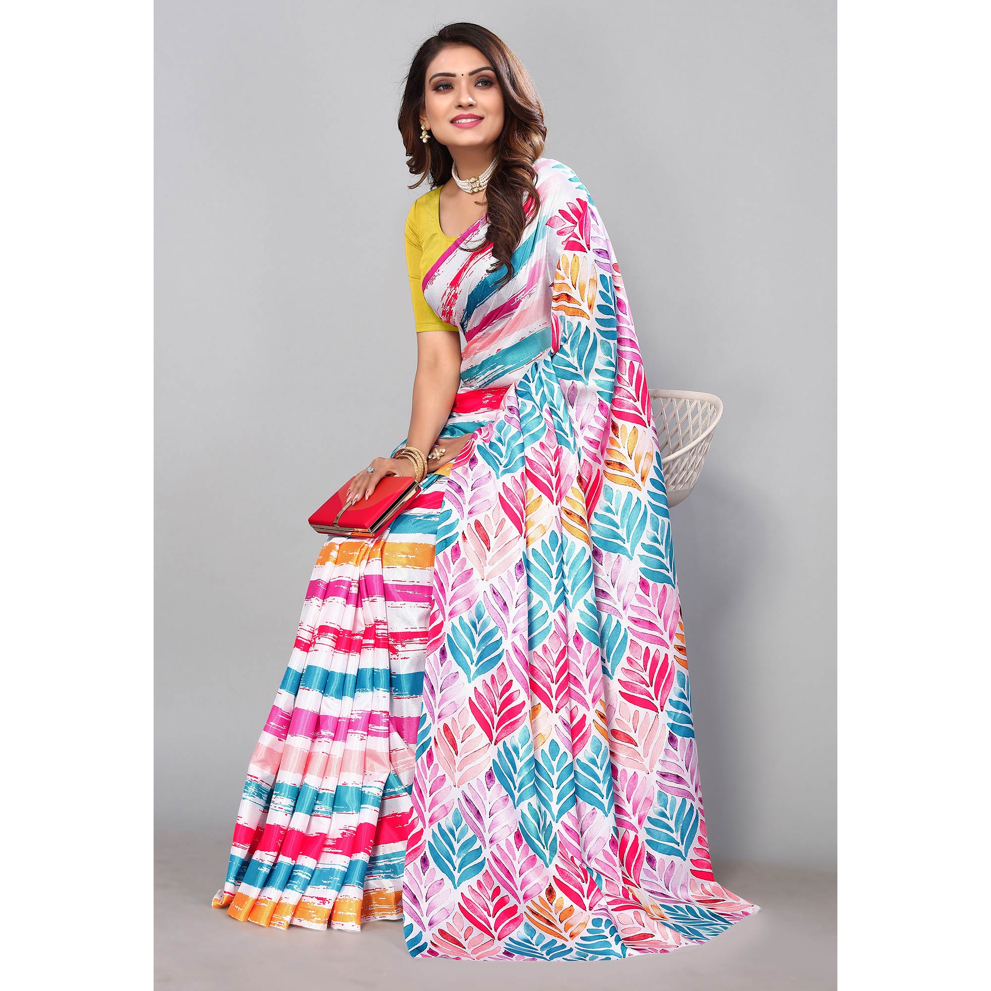 Multicolored Digital Printed Dola Silk Saree