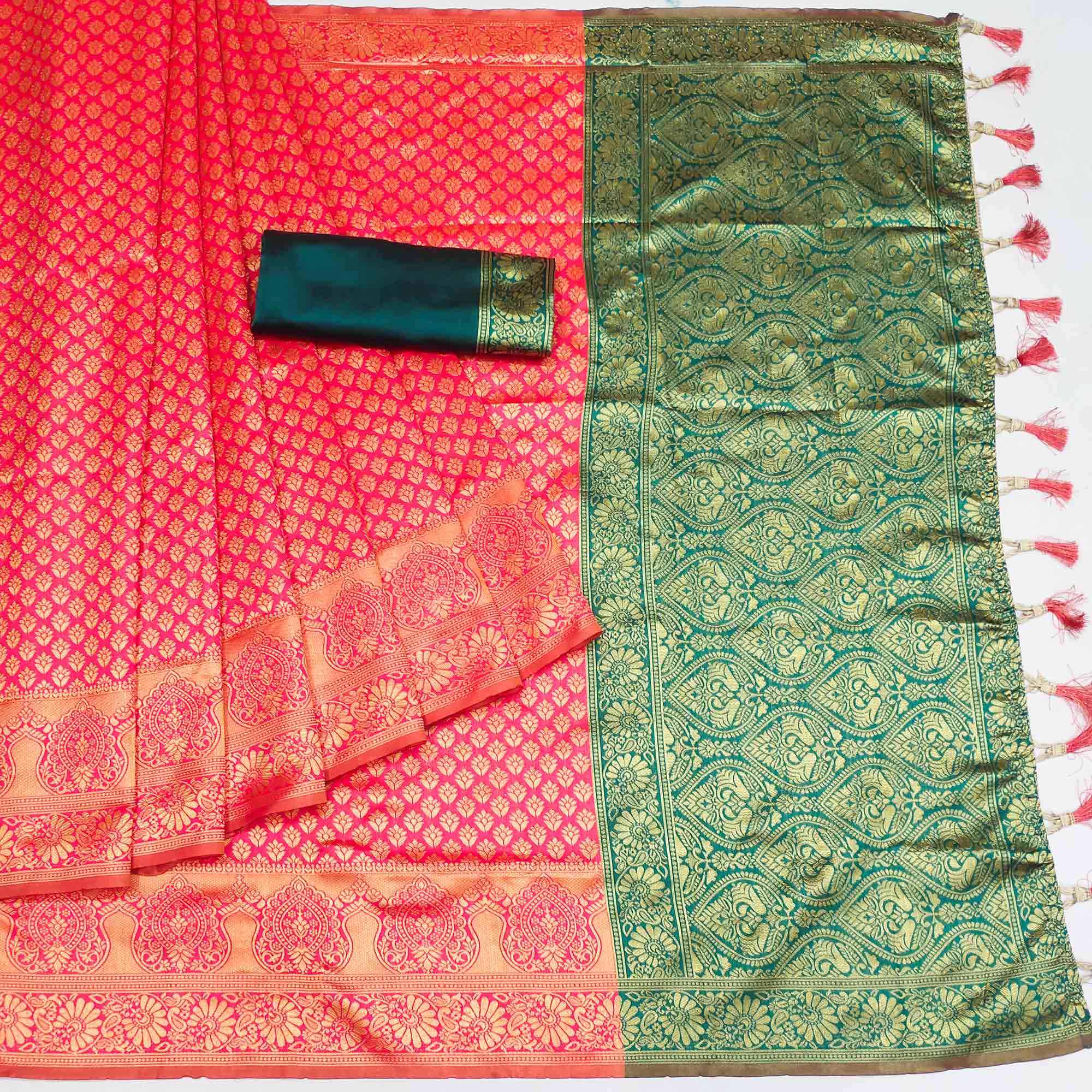 Pink Woven Banarasi Silk Saree With Tassels