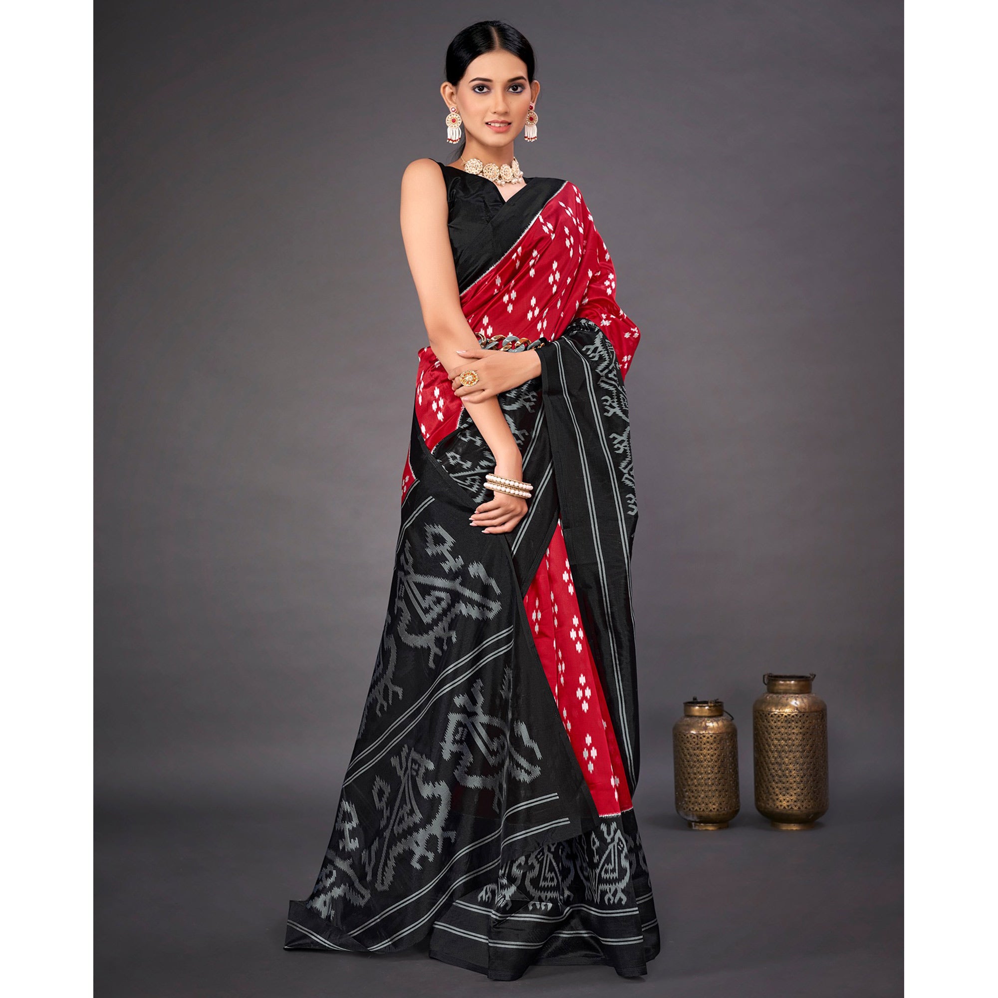 Red Ikkat Printed Art Silk Saree