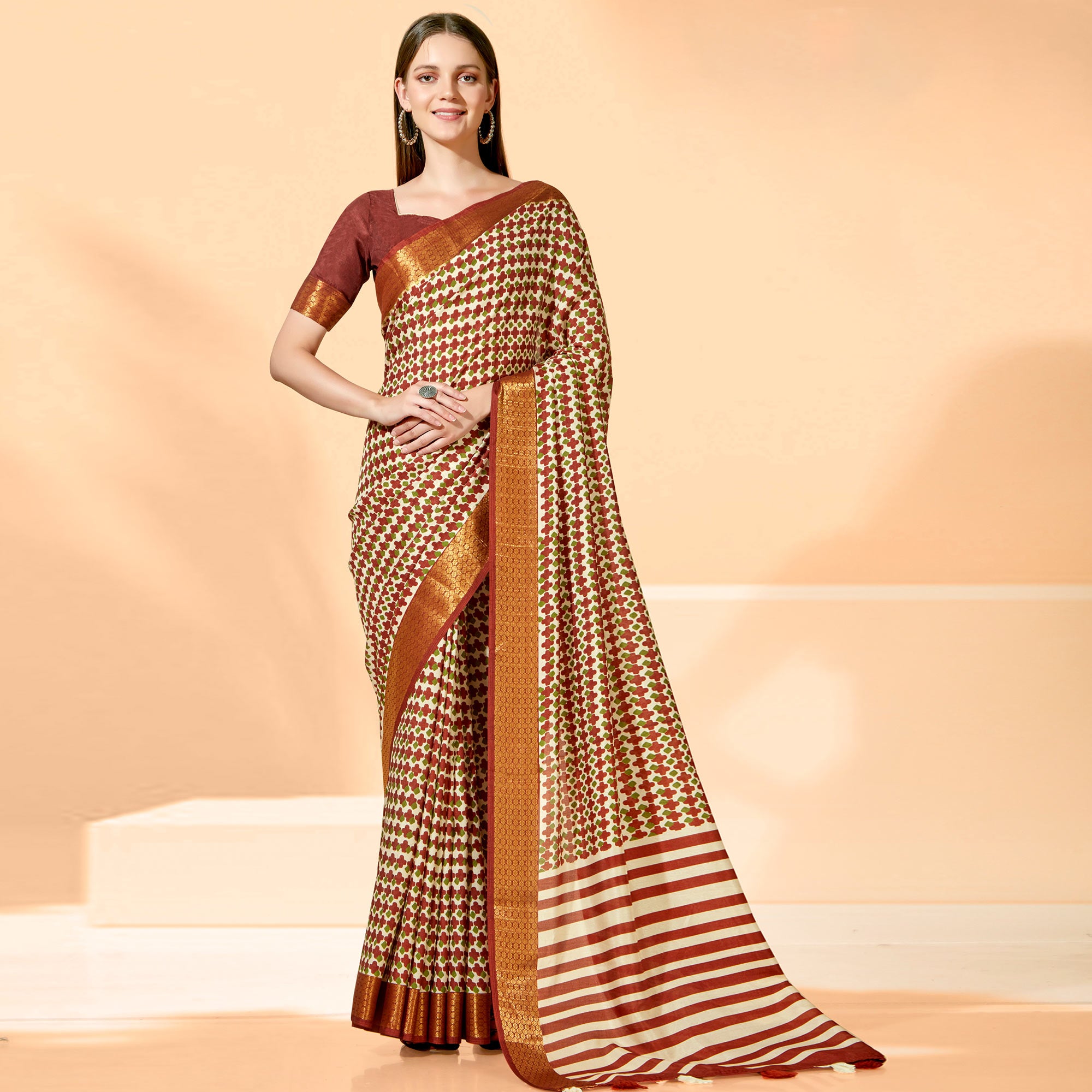 Maroon Printed Dola Silk Saree With Tassels