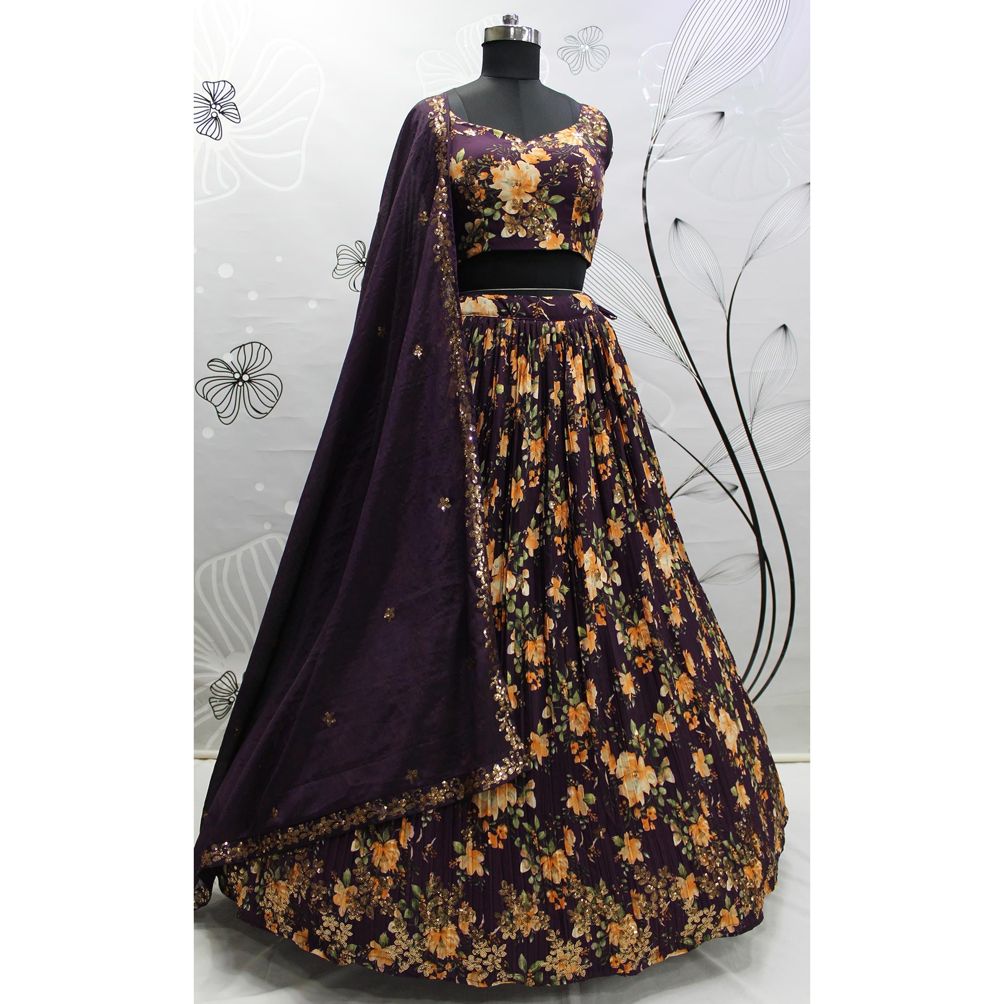 Wine Floral Printed Art Silk Lehenga Choli