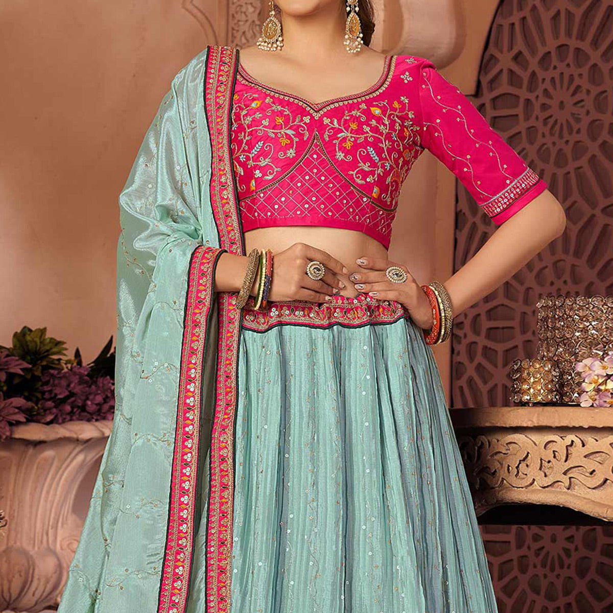 Sky Blue Sequins Embroidered Chiffon Lehenga Choli
