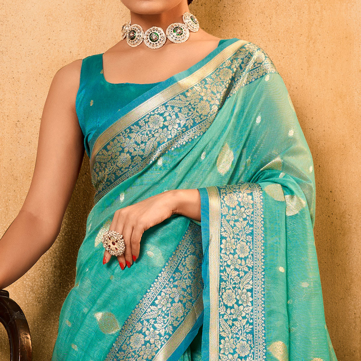 Turquoise Woven Tissue Saree