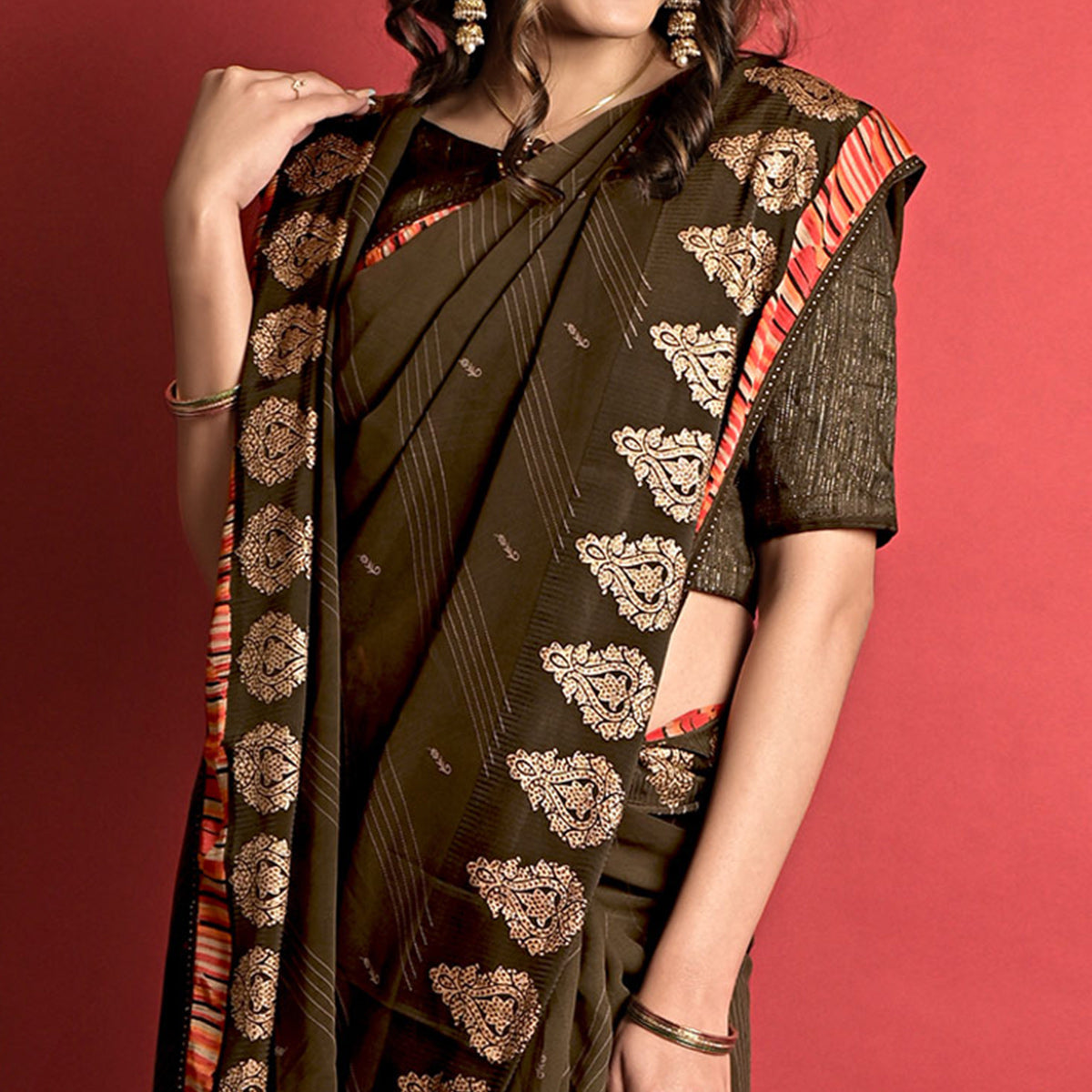 Olive Green Printed Georgette Saree