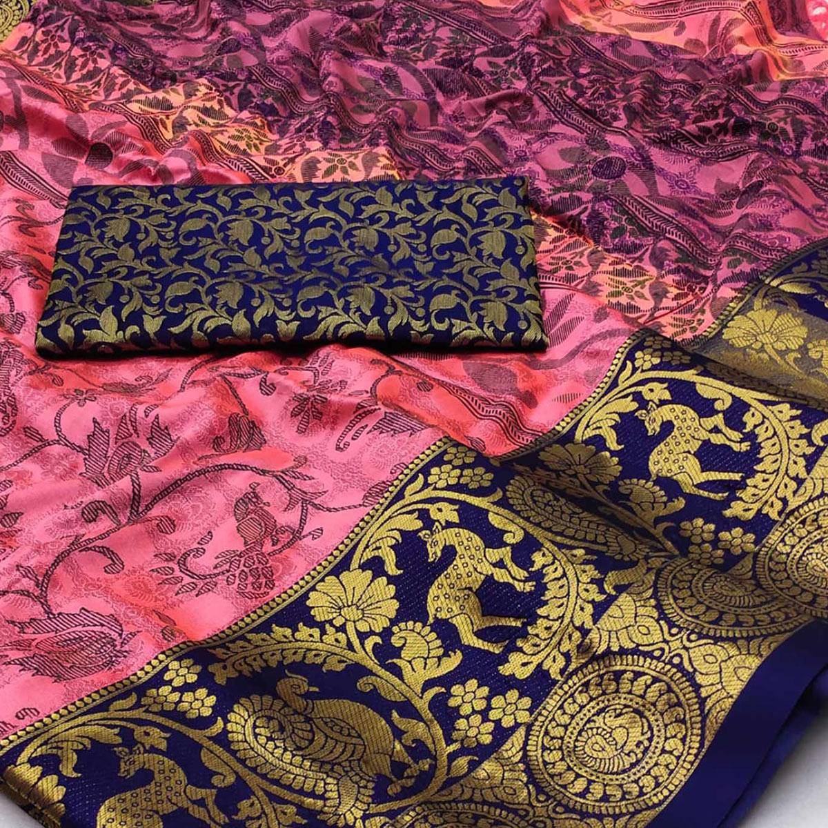 Gajari Pink Printed With Woven Border Cotton Silk Saree
