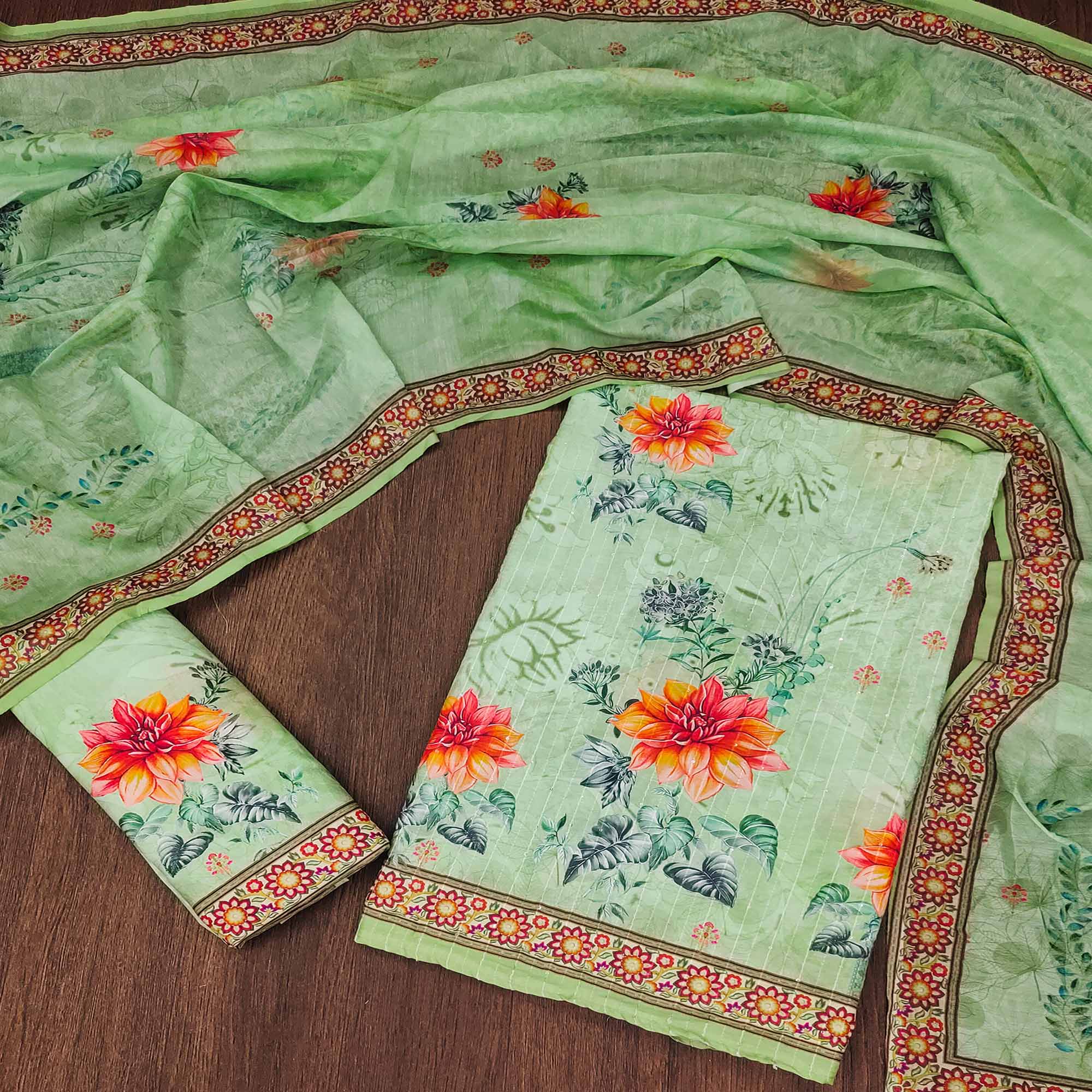 Green Floral Digital Printed Muslin Dress Material