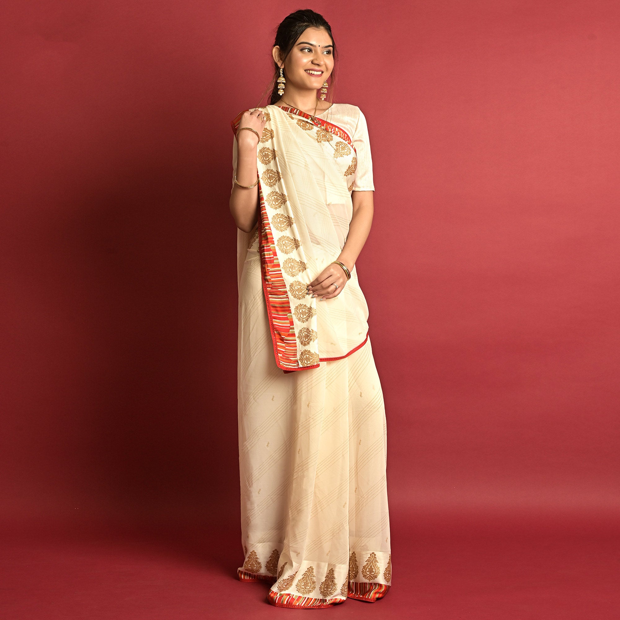 Cream Printed Georgette Saree