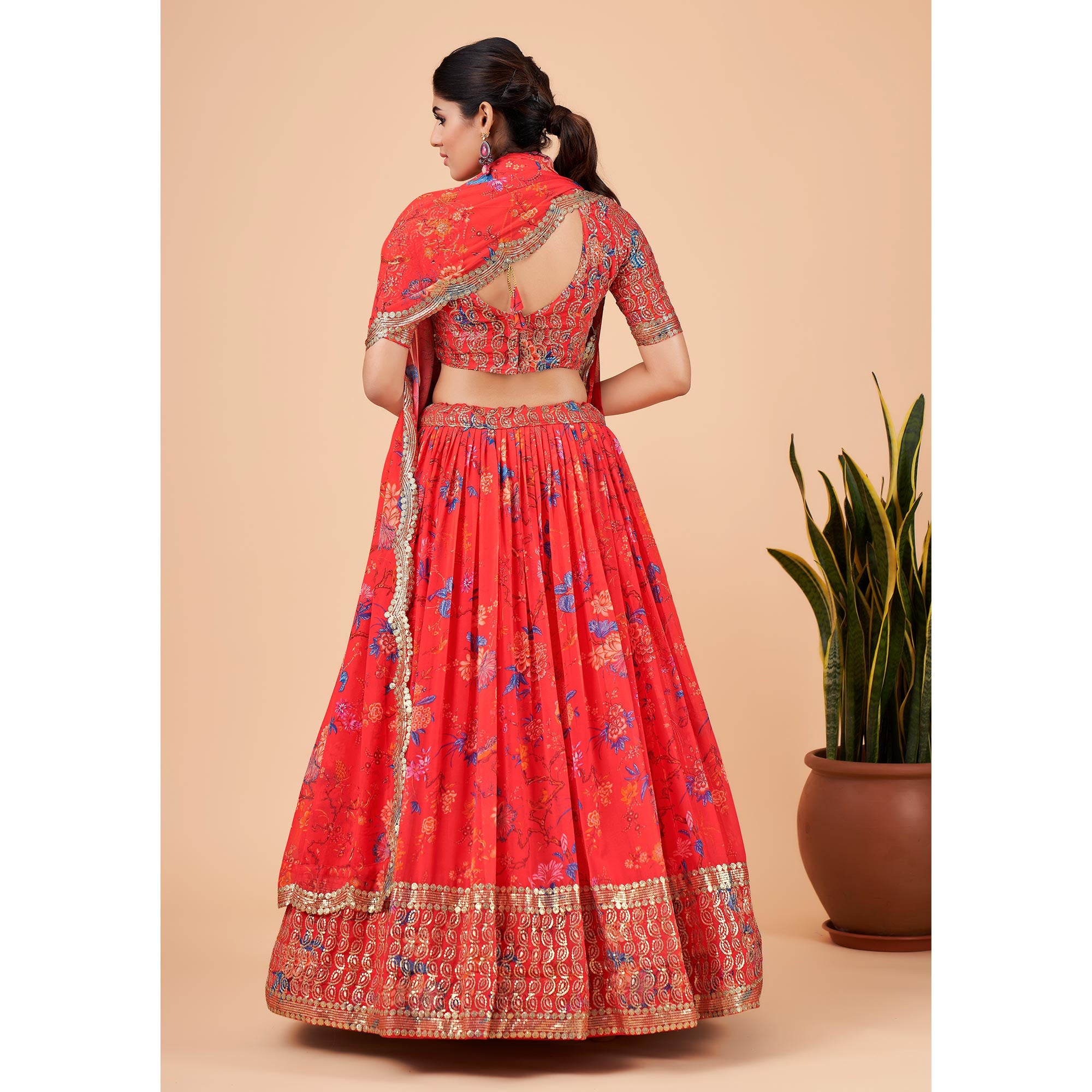 Coral Red Floral Printed And Sequins Work Georgette Lehenga Choli