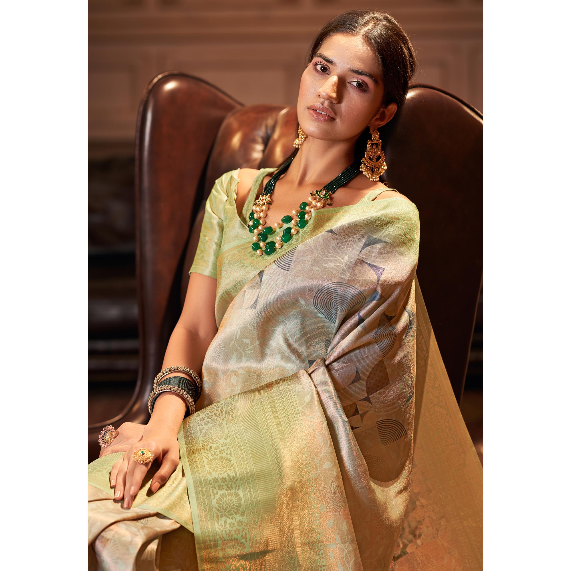 Beige & Pista Green Woven Jacquard Saree With Tassels