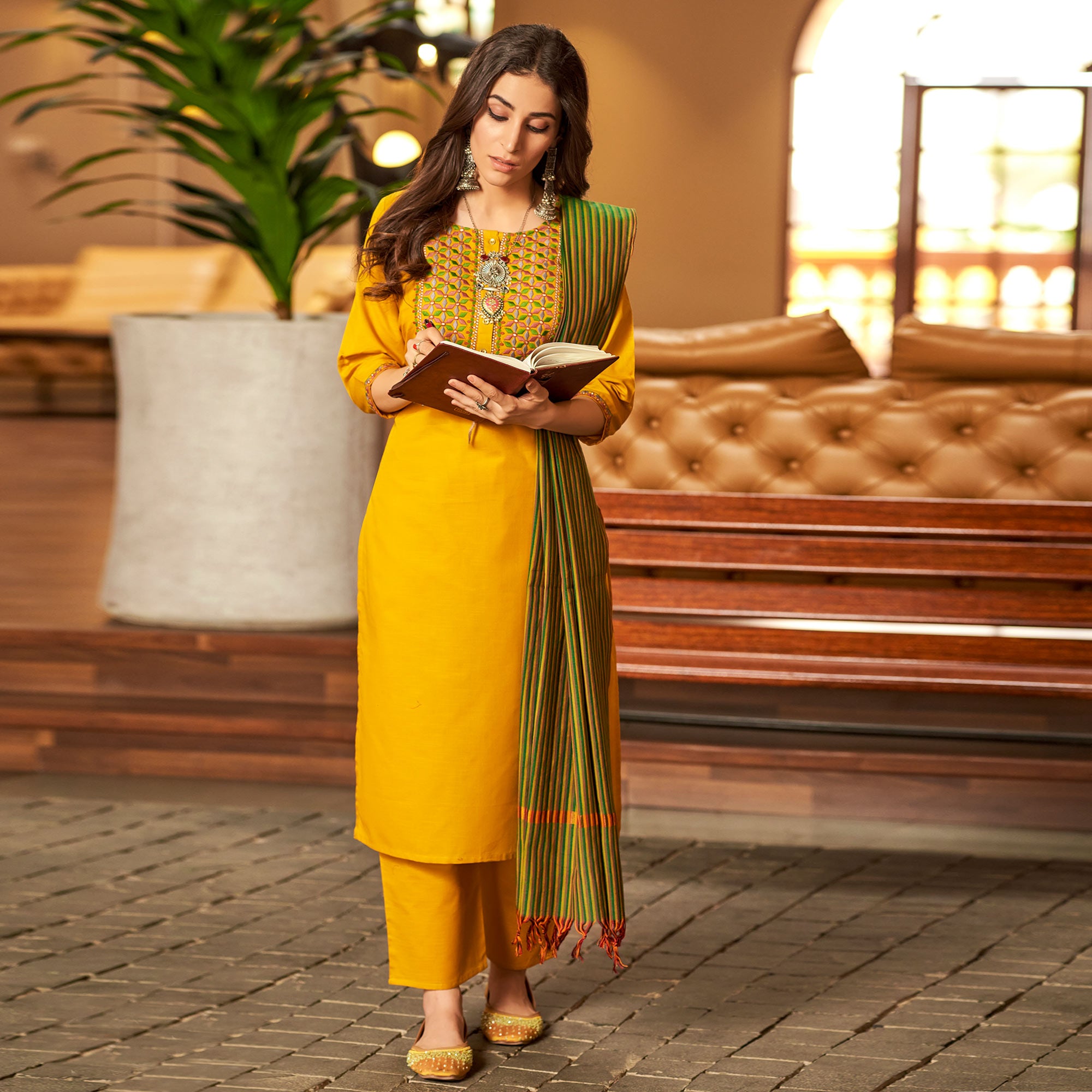 Mustard Embroidered Pure Cotton Suit