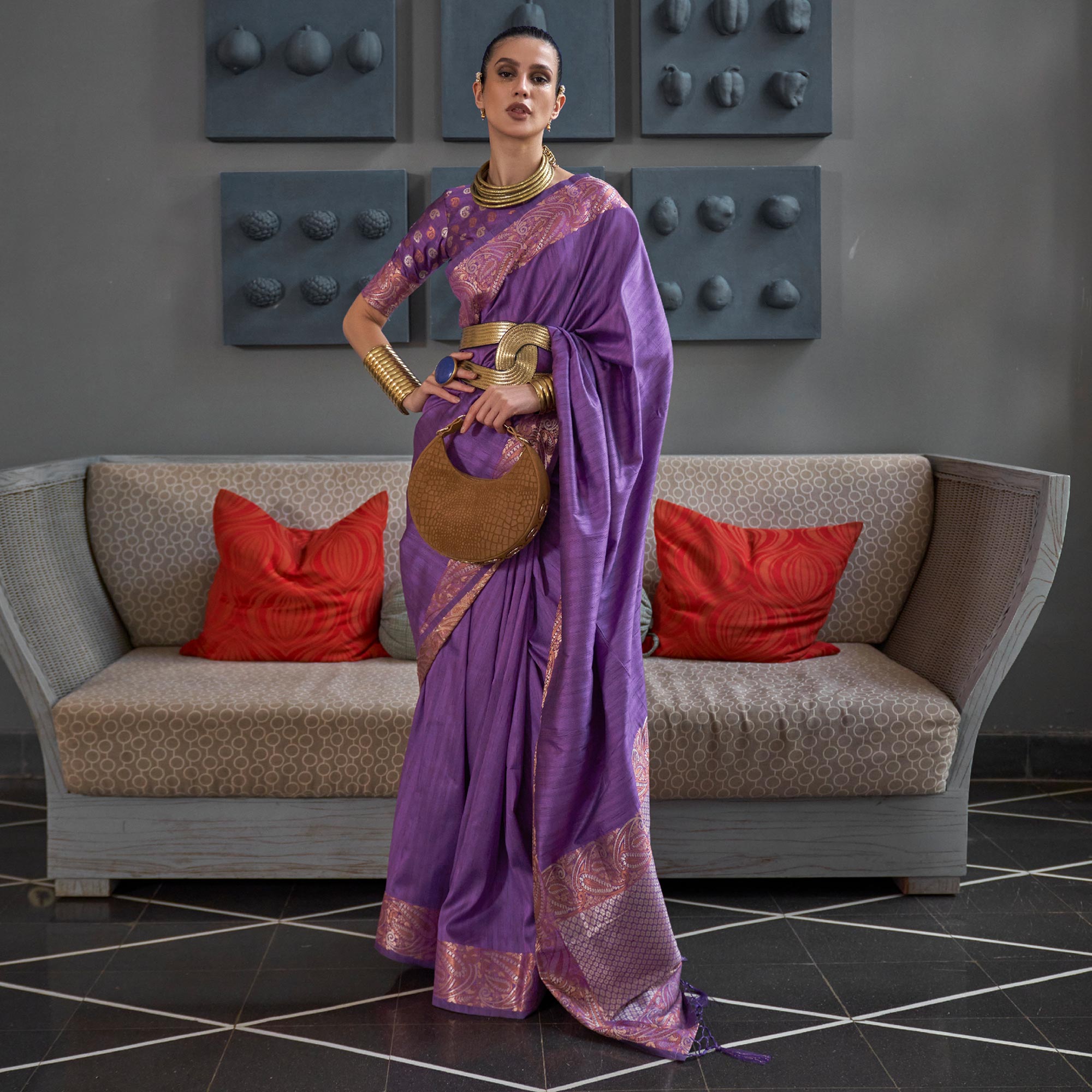 Violet Woven Tussar Silk Saree With Tassels