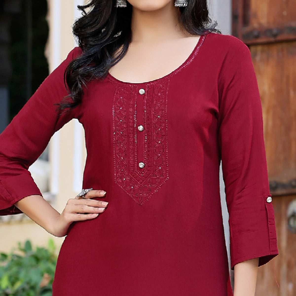 Maroon Embroidered Rayon Kurti