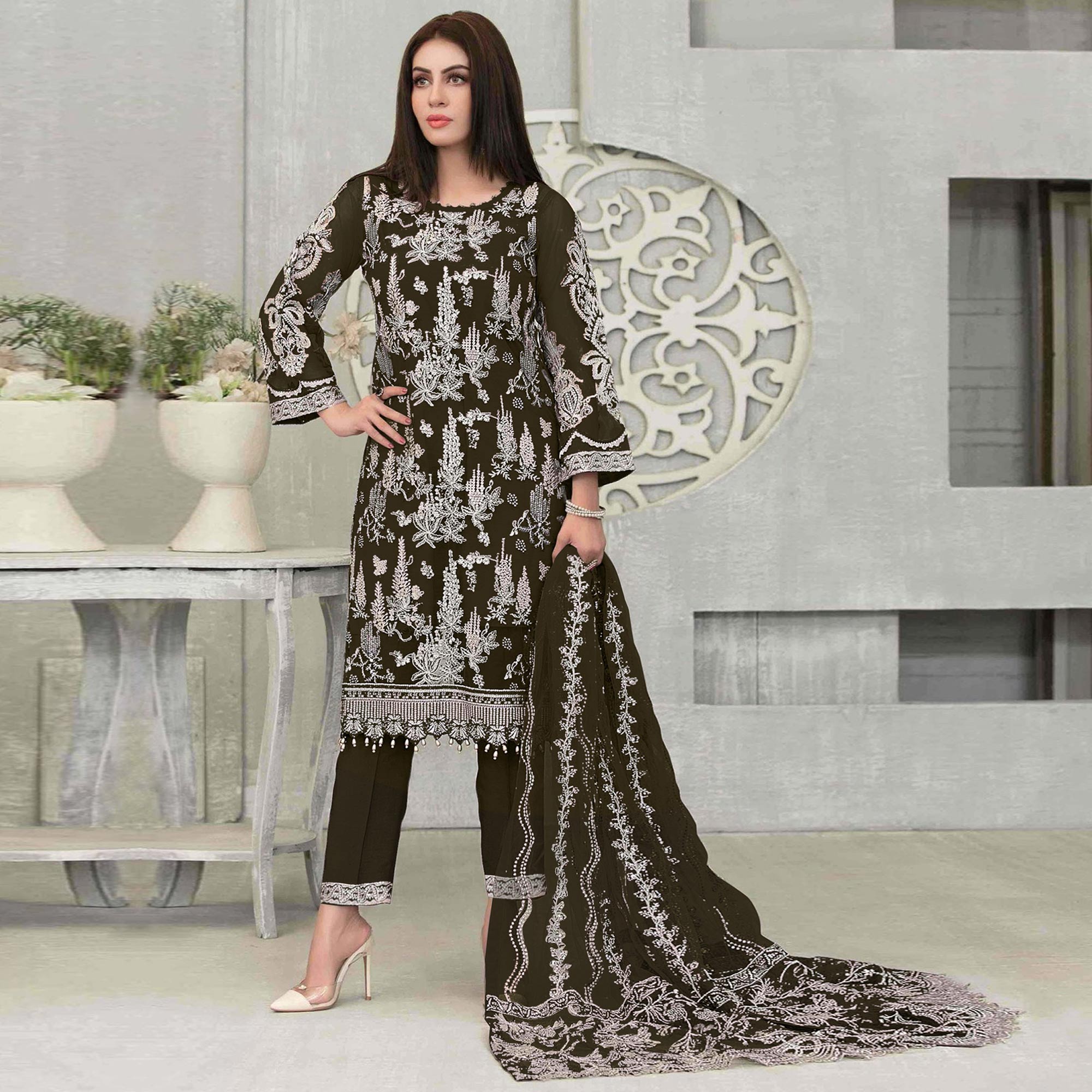 Mahendi Green Floral Embroidered Georgette Pakistani Suit
