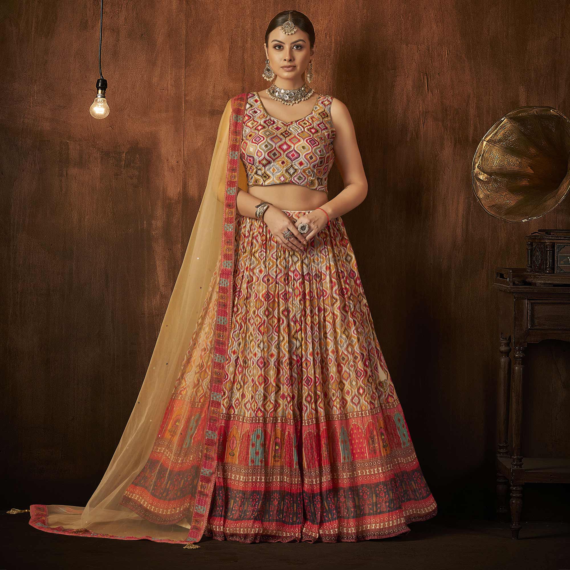 Beige Printed With Sequins Work Georgette Lehenga Choli
