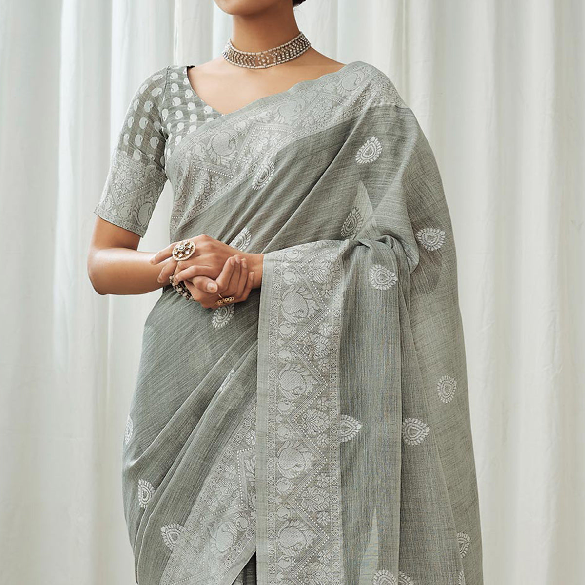 Grey Woven Linen Saree