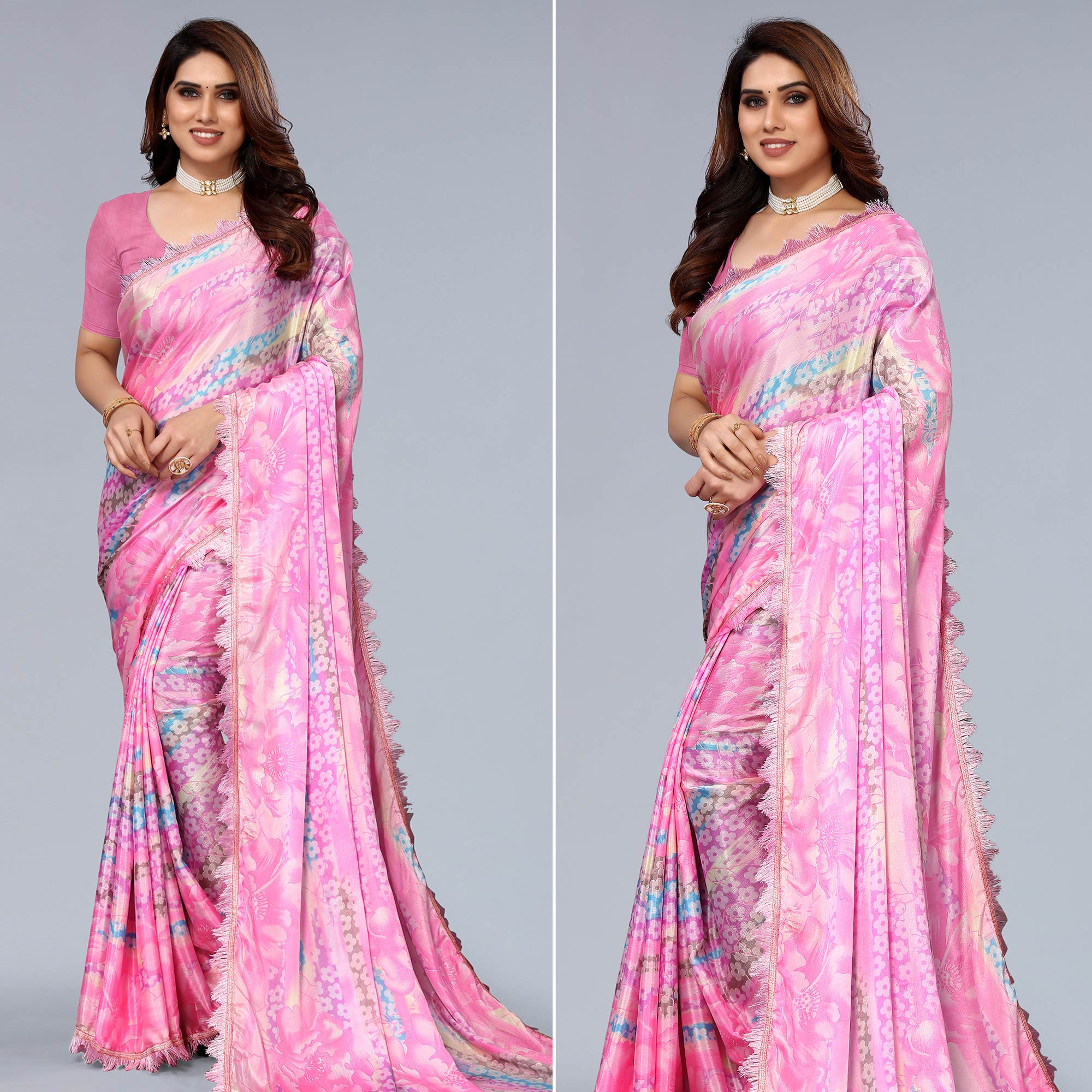 Pink Floral Printed Art Silk Saree With Crochet Border