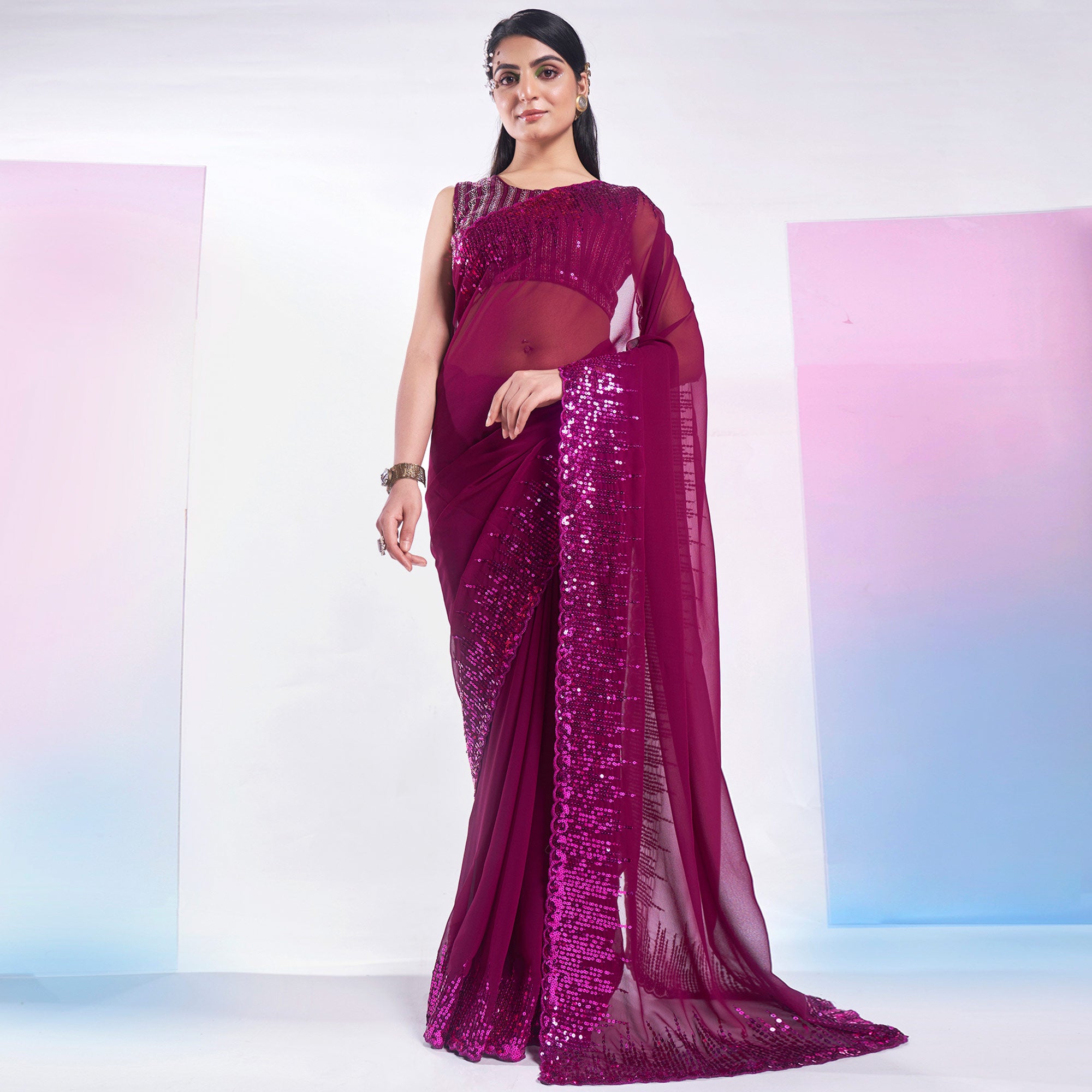 Purple Sequins Embroidered Georgette Saree