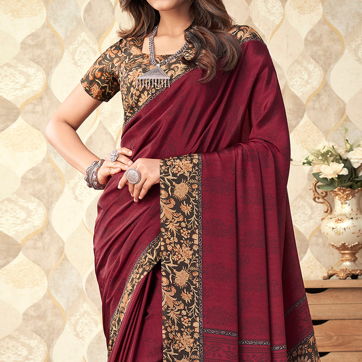 Maroon Printed Crepe Saree