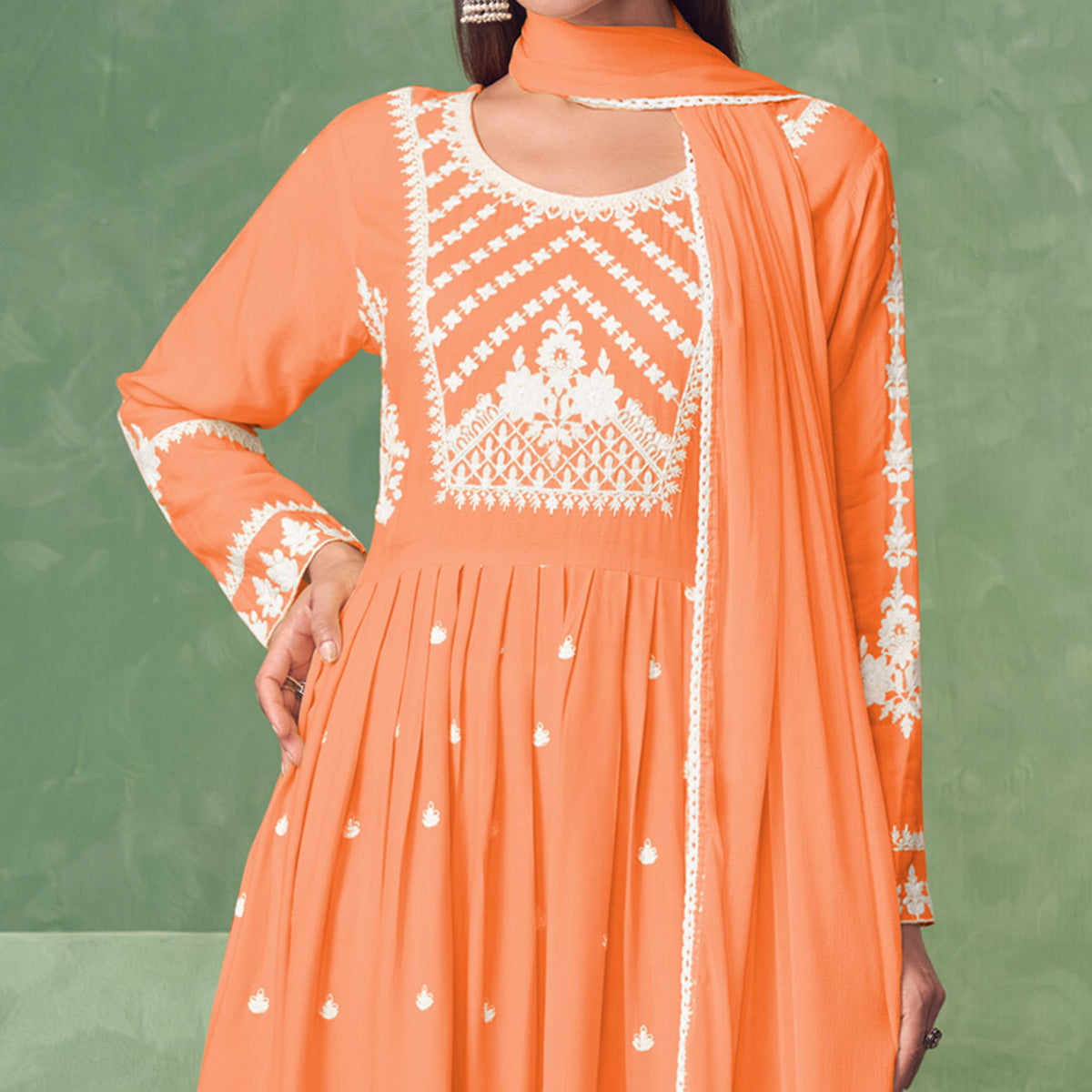 Orange Lucknowi Work Rayon Naira Cut Palazzo Suit