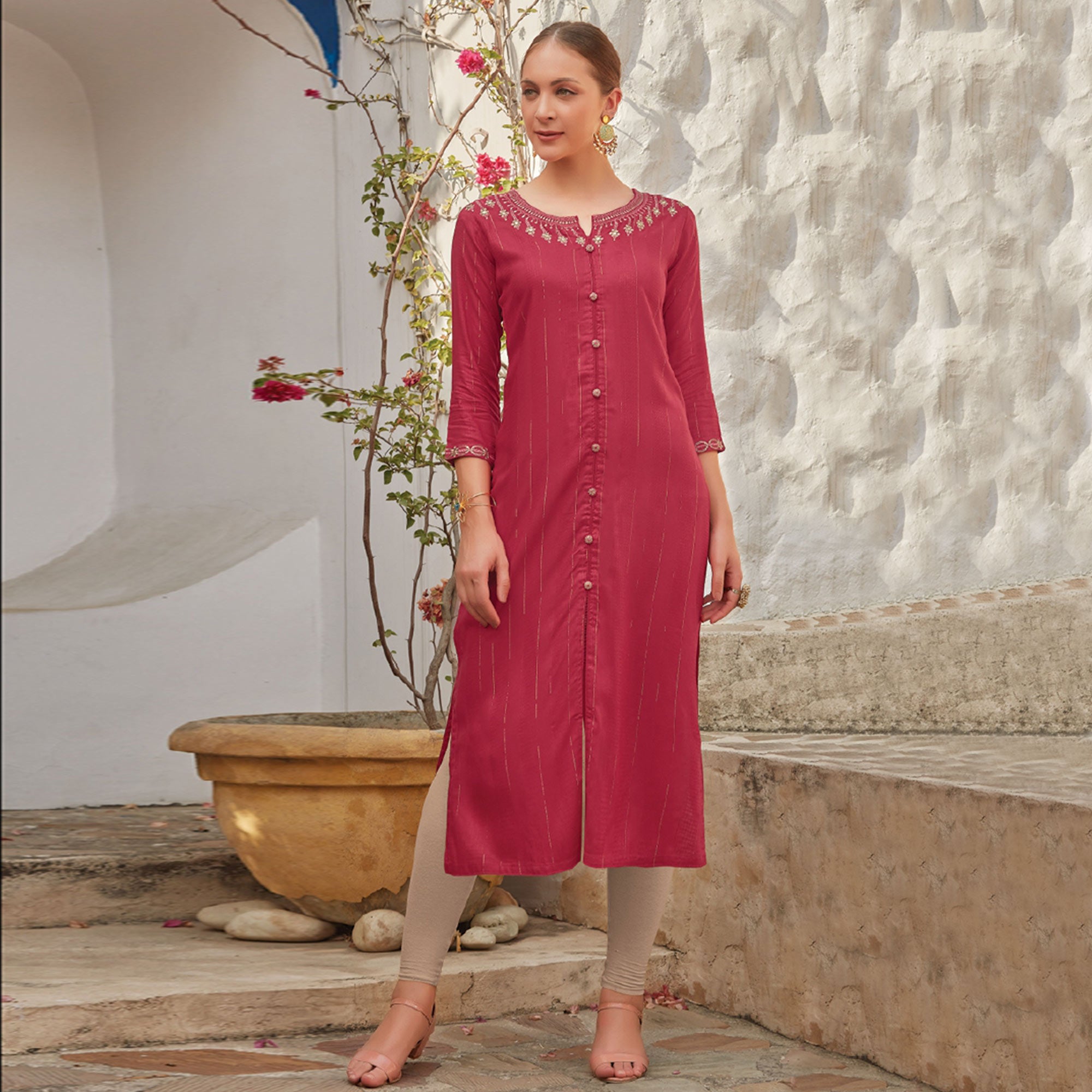 Pink Floral Embroidered Cotton Blend Kurti