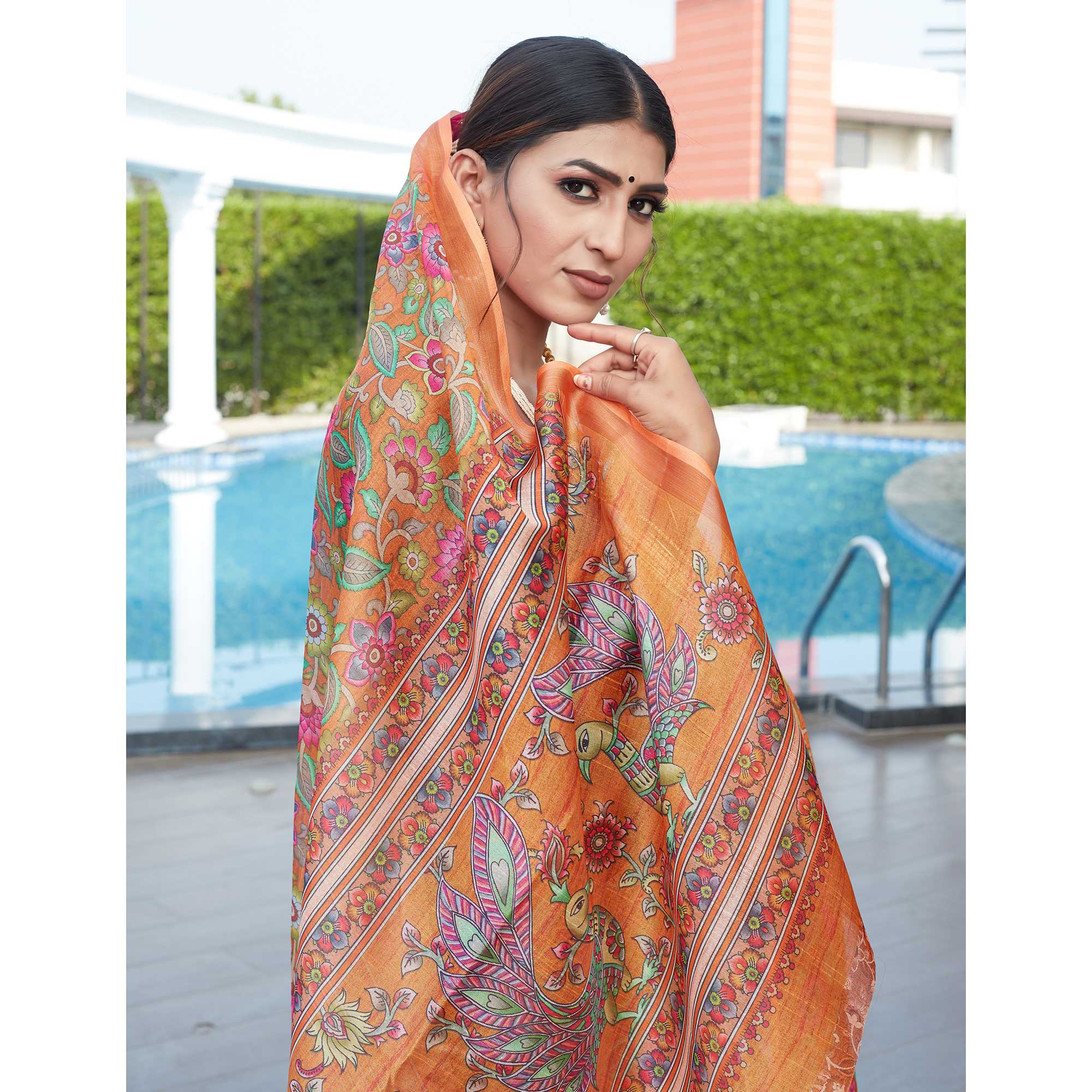Orange Floral Digital Printed Cotton Silk Saree