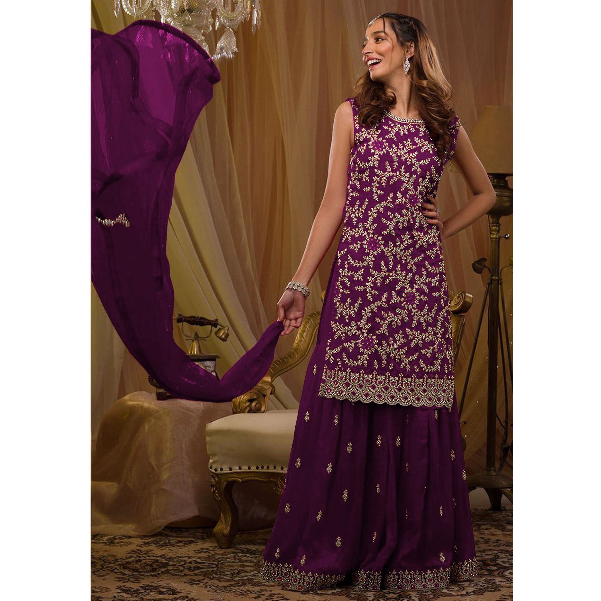 Purple Floral Embroidered Georgette Semi Stitched Sharara Suit