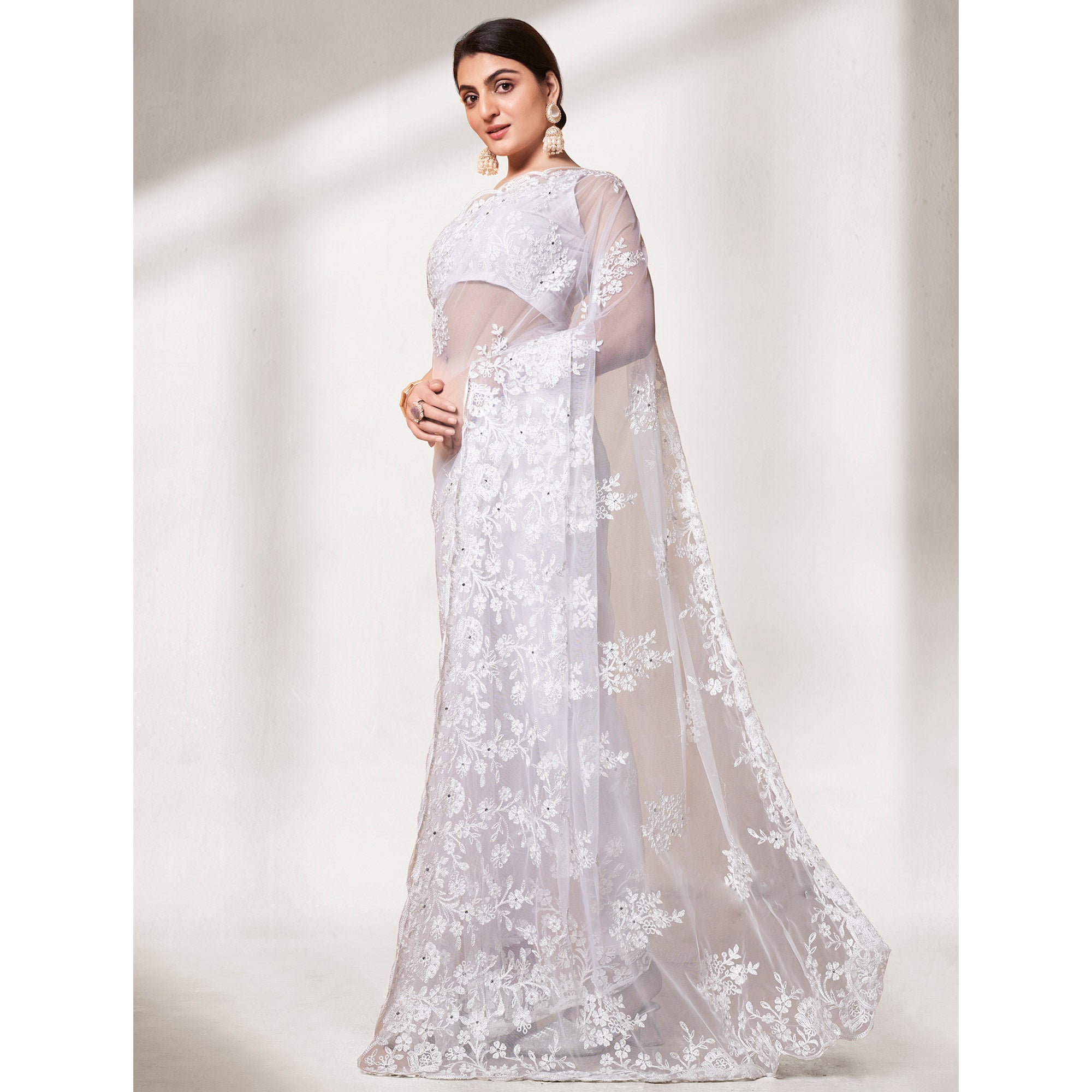 White Floral Embroidered Soft Net Saree