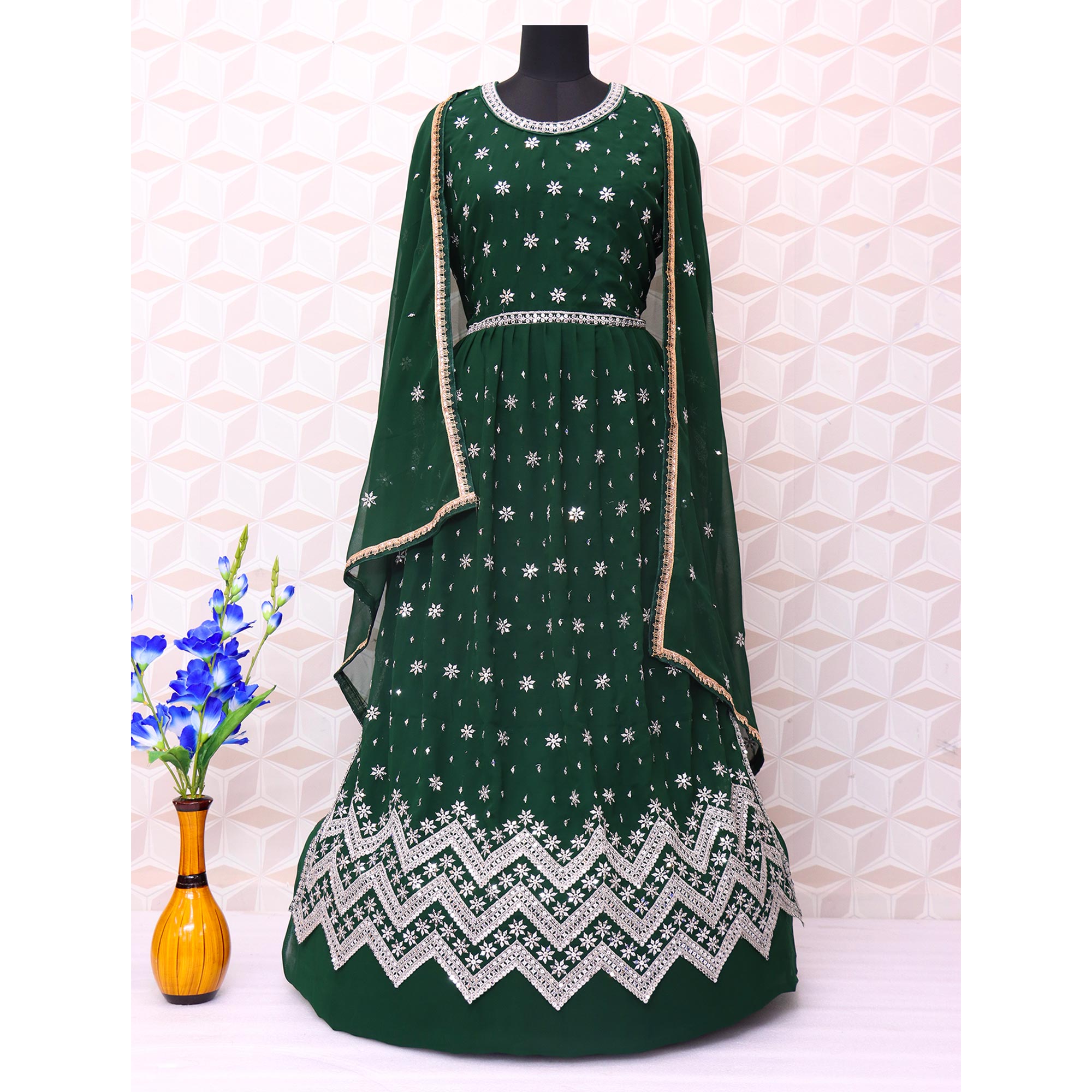 Green Sequins Embroidered Georgette Semi Stitched Naira Cut Suit