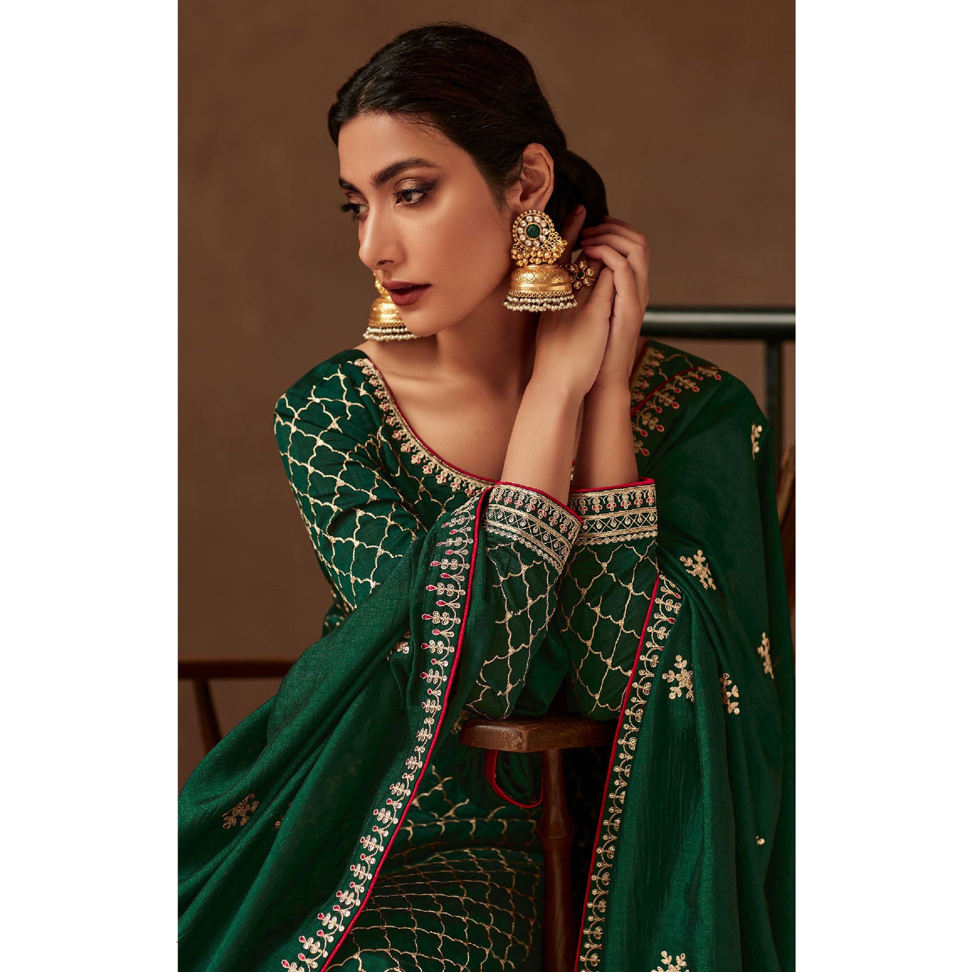 Green Floral Embroidered Art Silk Palazzo Suit