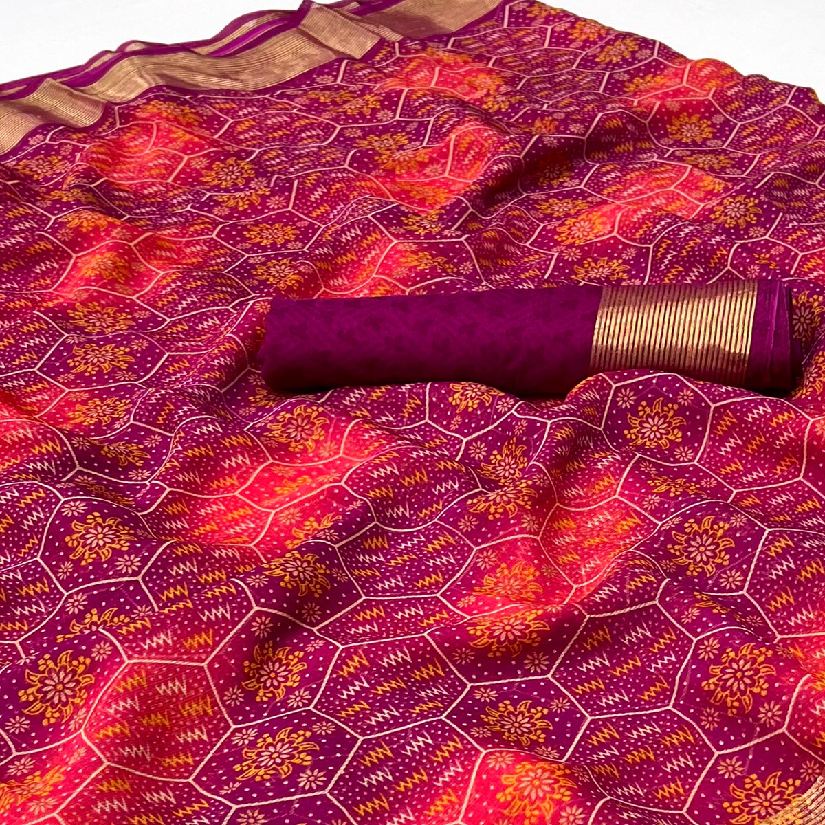 Purple & Pink Floral Printed Chiffon Saree