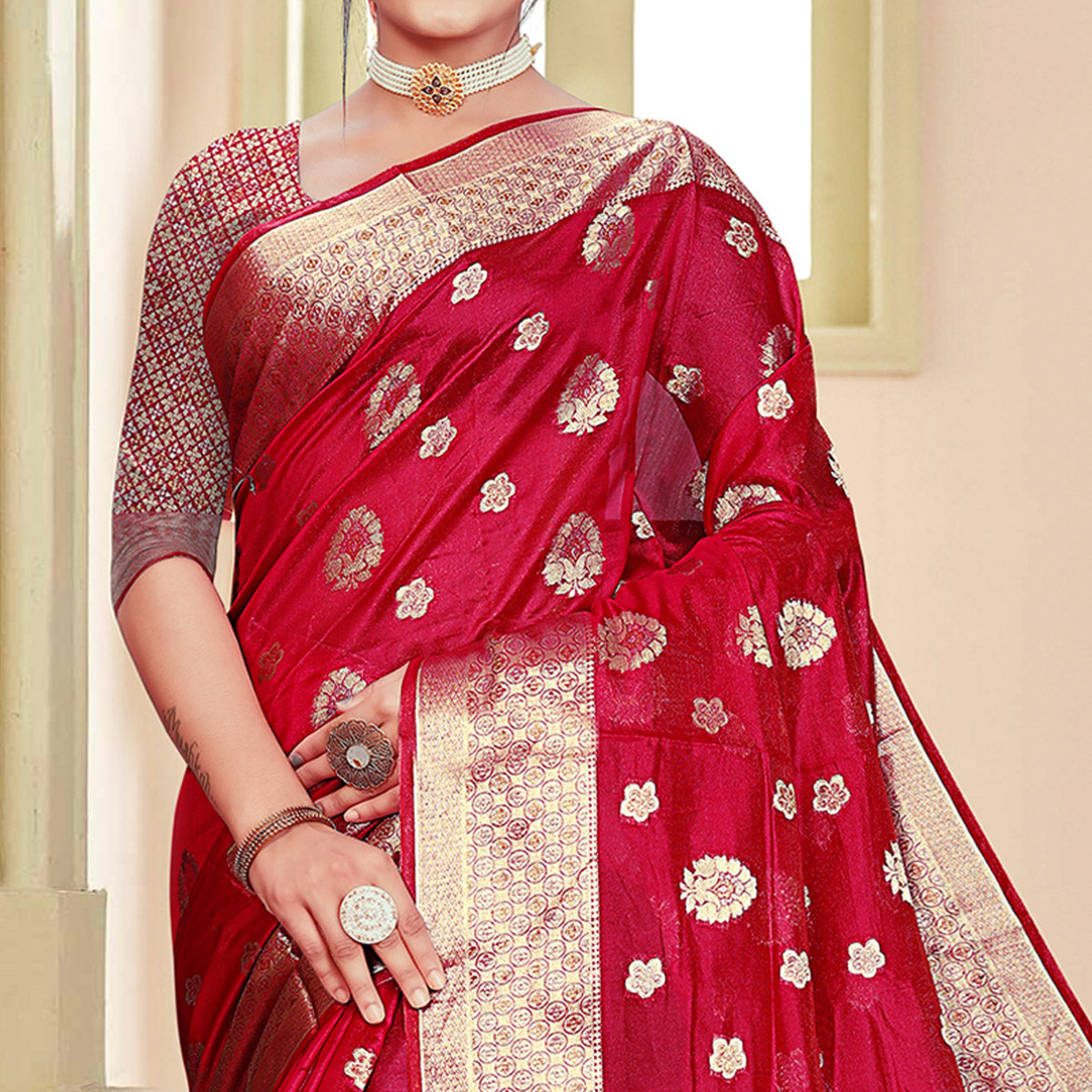 Red Floral Woven Organza Saree