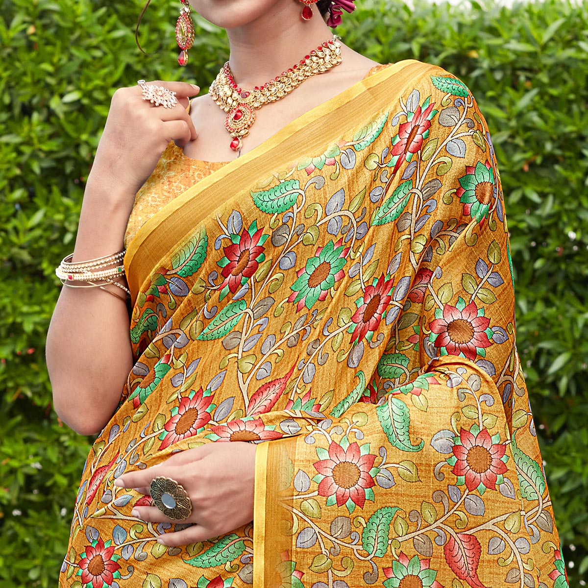 Mustard Floral Digital Printed Cotton Silk Saree
