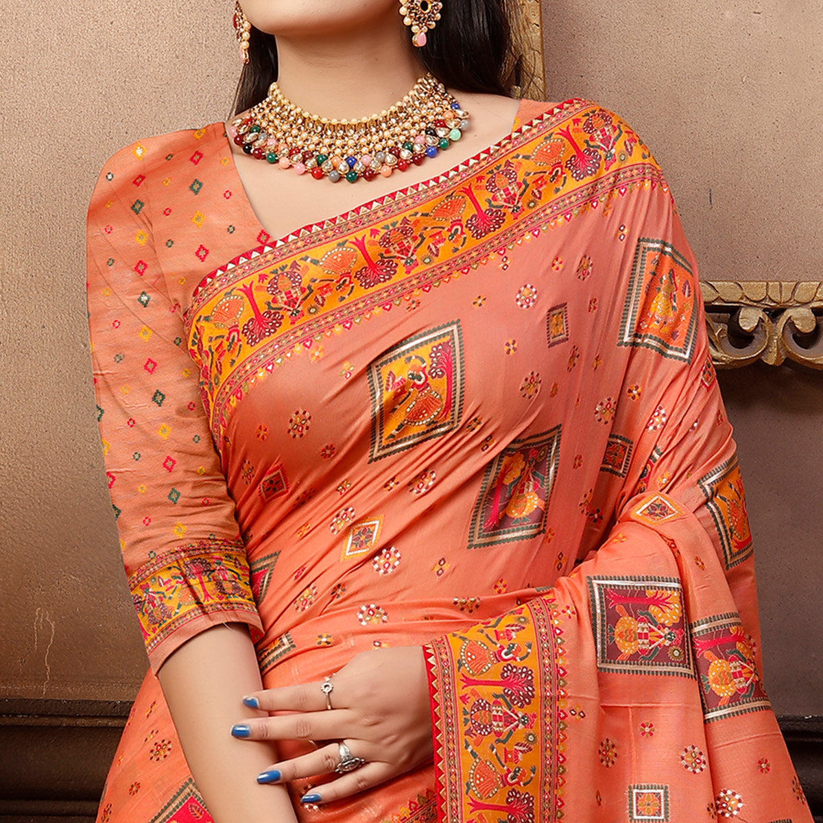 Peach Woven With Gota Patti Work Pashmina Saree