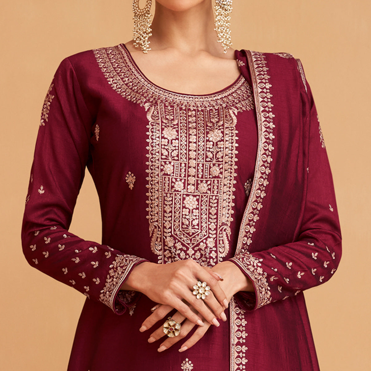 Maroon Embroidered Art Silk Palazzo Suit