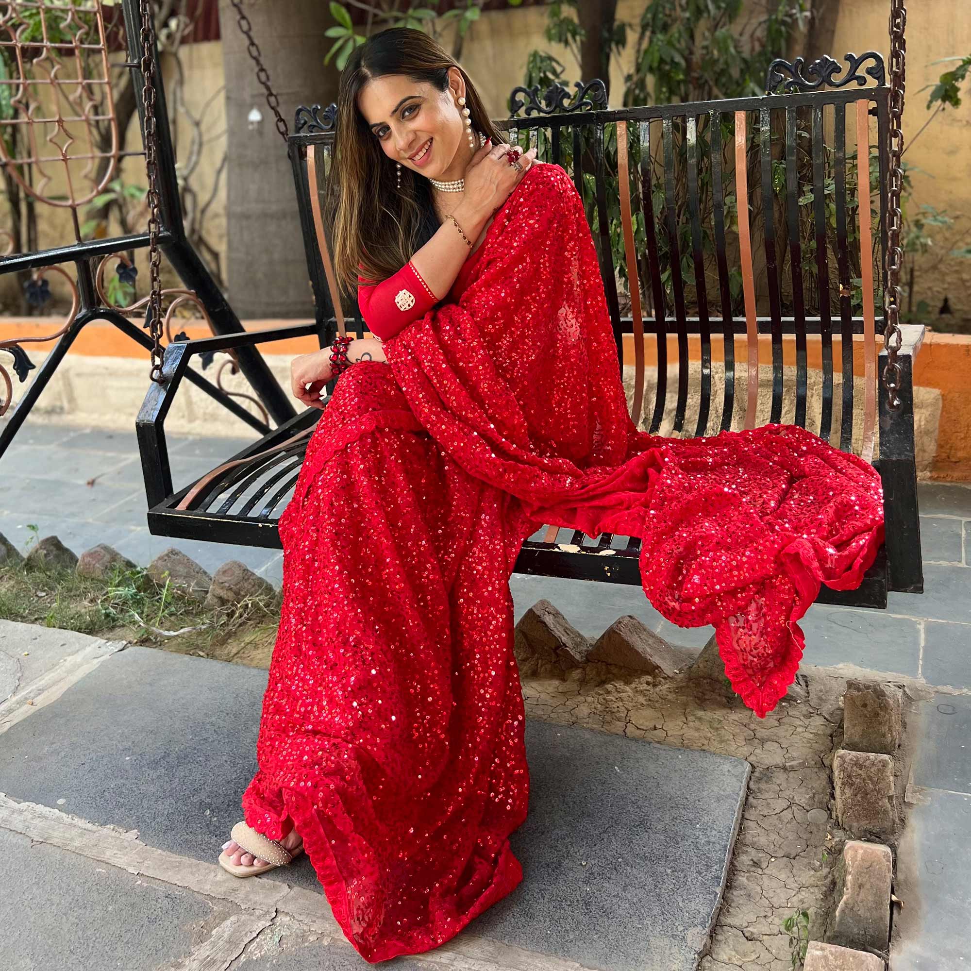 Red Sequins Embroidered Georgette Saree