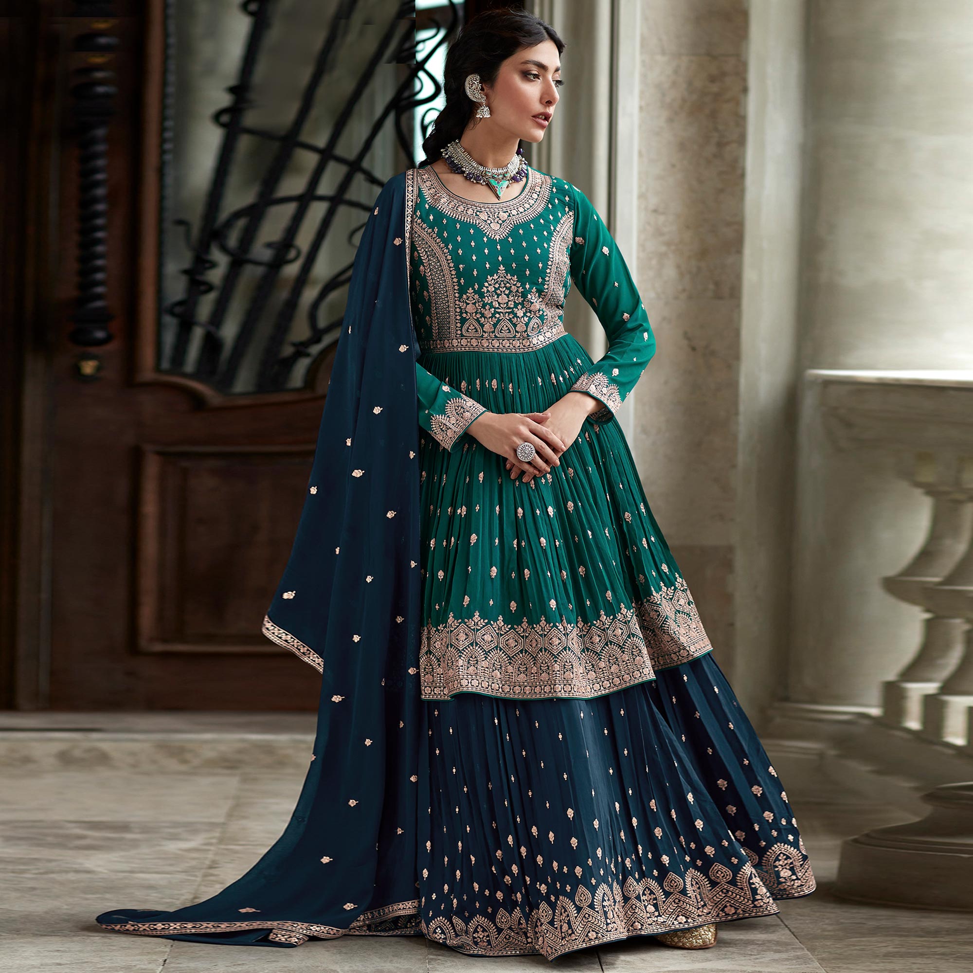 Rama Green Floral Embroidered Georgette Sharara Suit