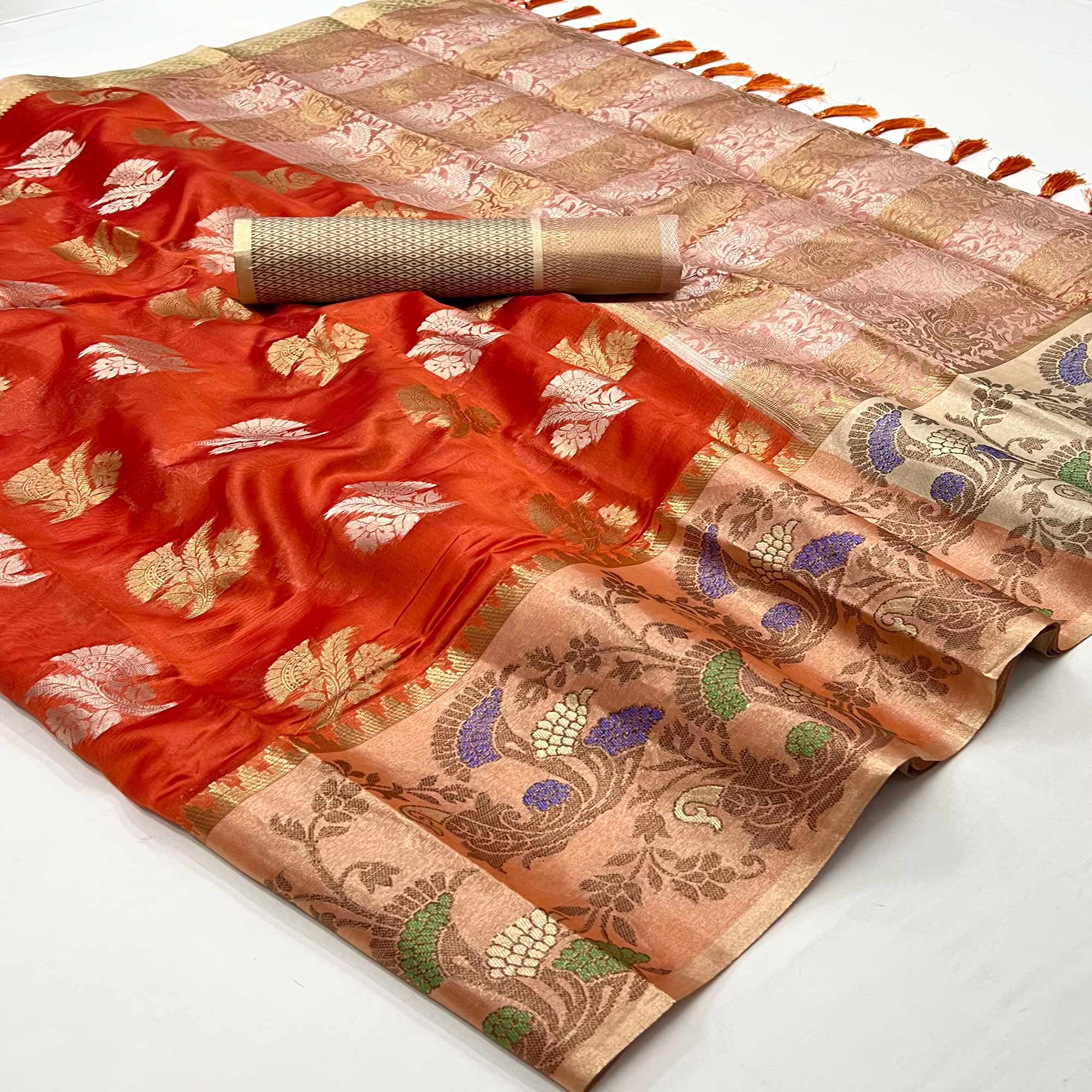 Orange Floral Woven Organza Saree With Tassels