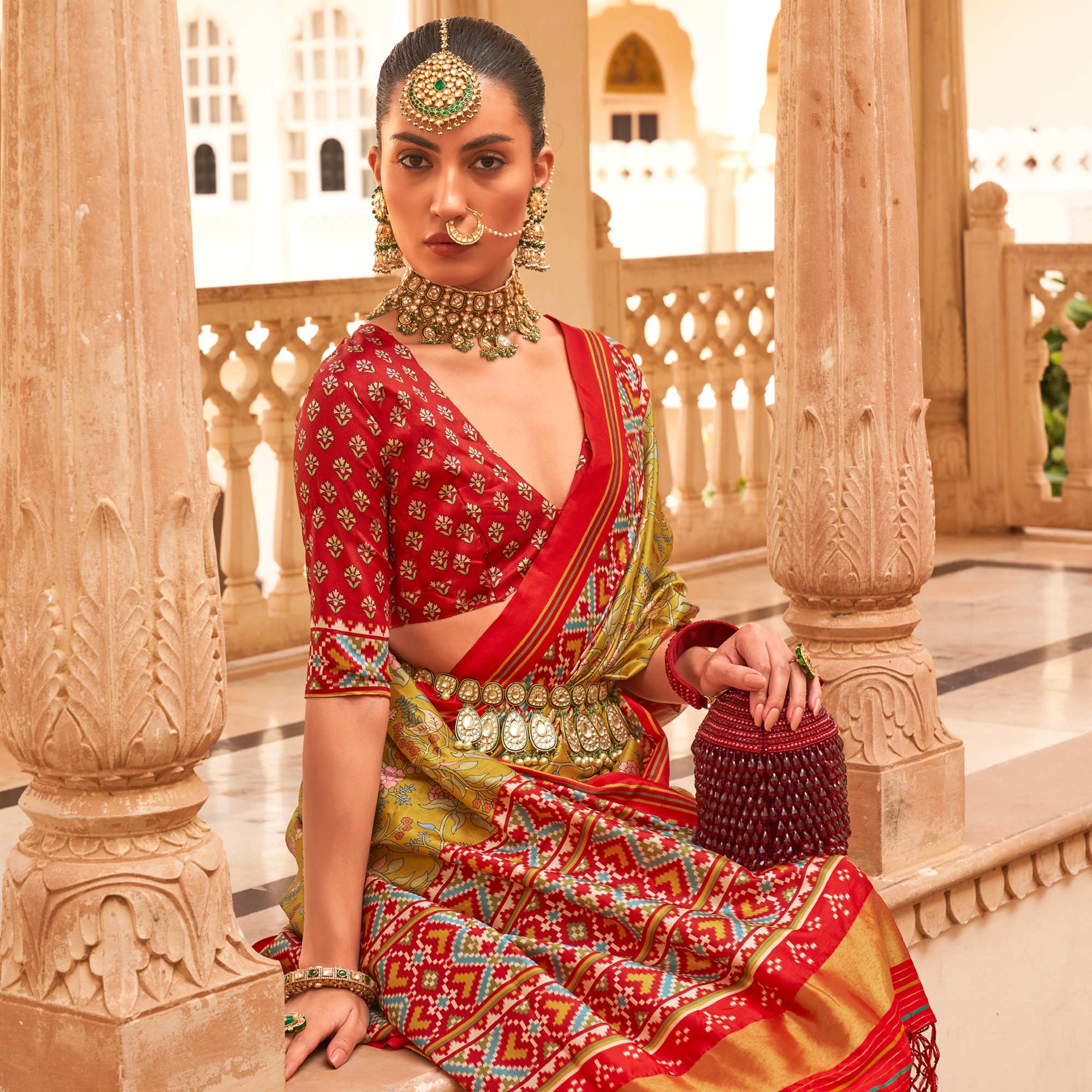 Green & Red Printed Tussar Silk Saree With Tassels