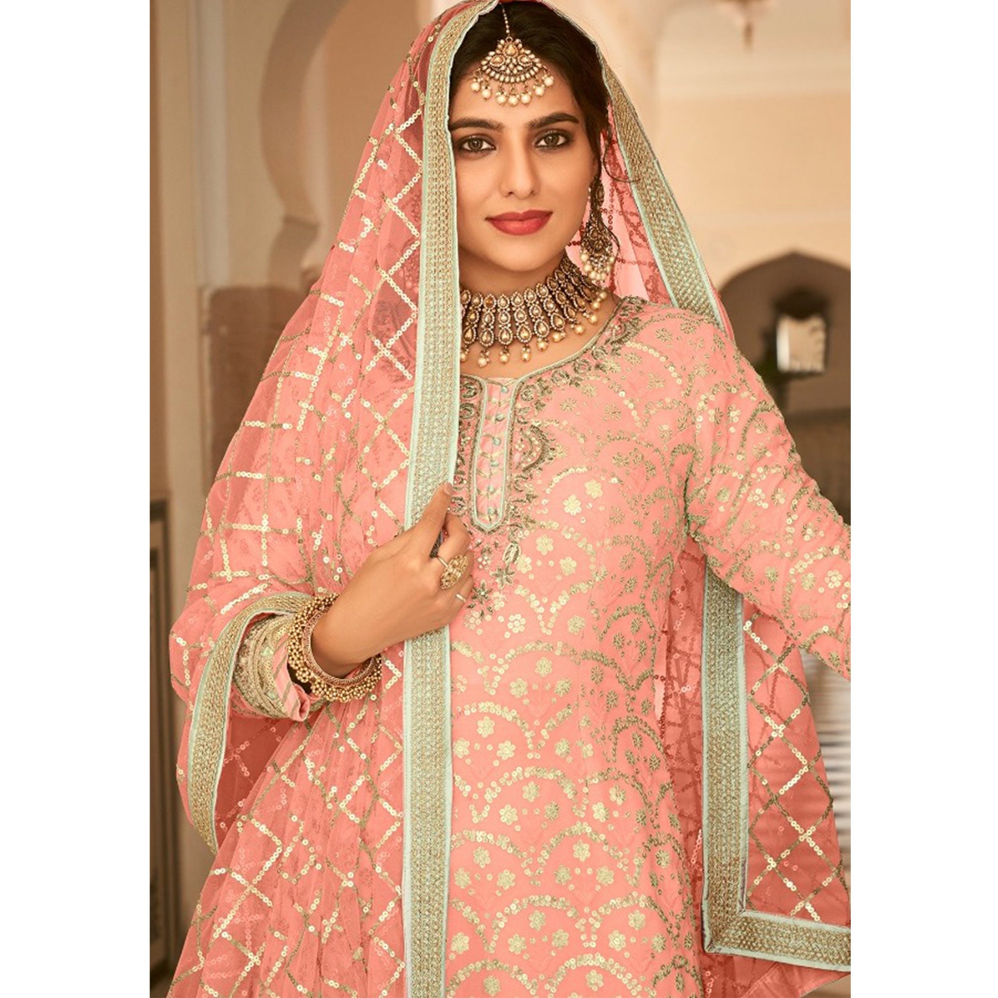 Baby Pink Woven Georgette Sharara Suit