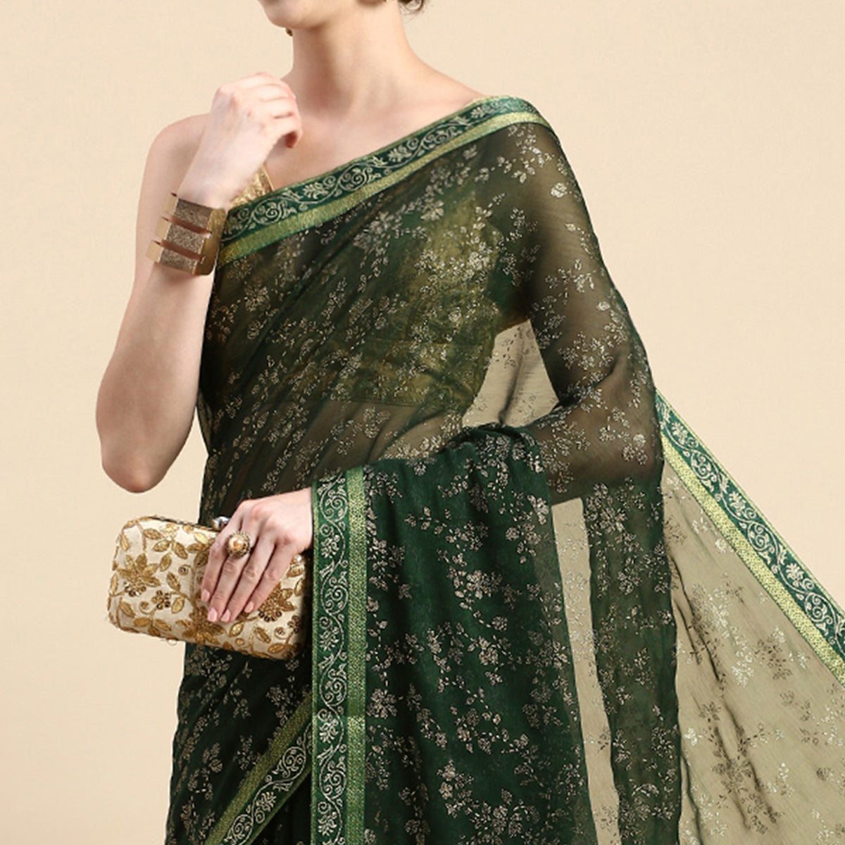 Green Floral Foil Printed Shimmer Saree