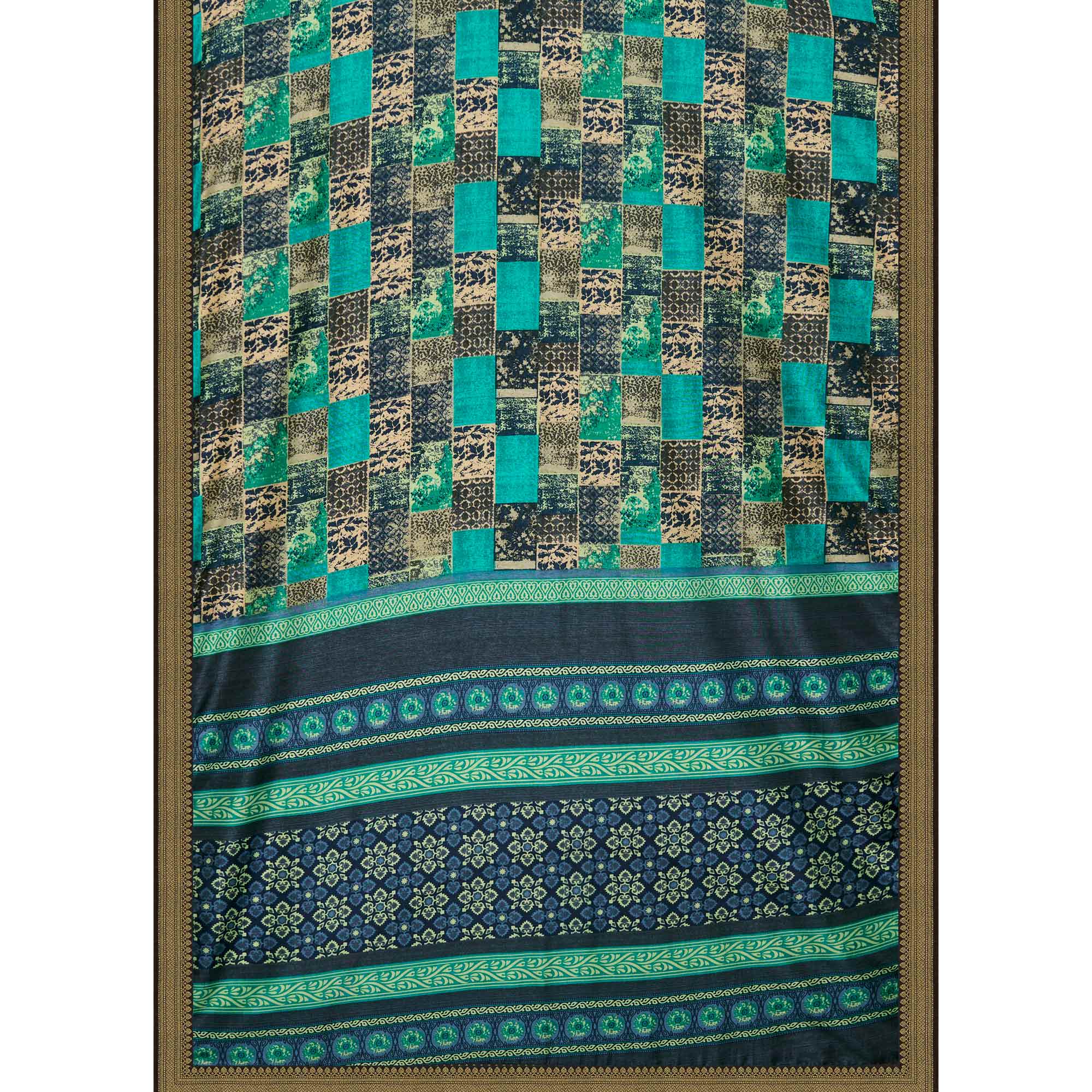 Turquoise Printed Tussar Silk Saree