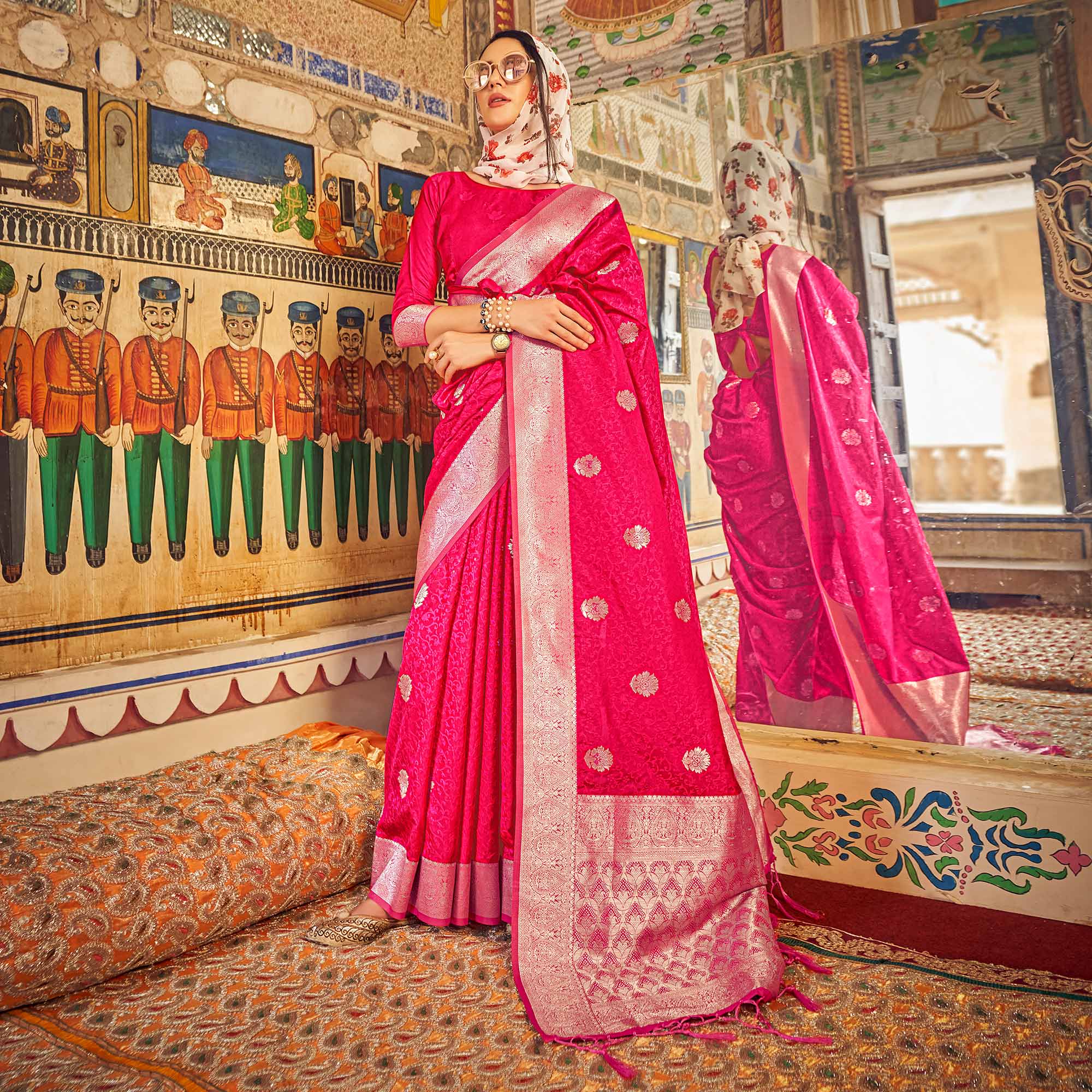 Pink Woven Satin Saree